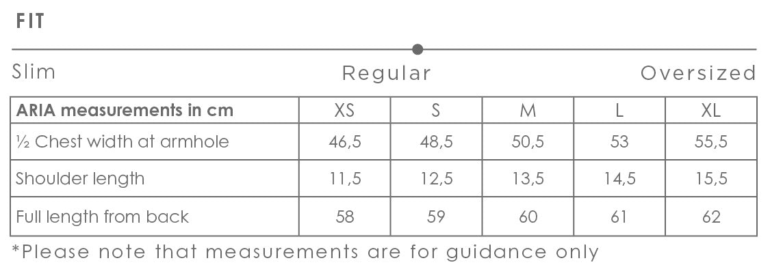Aria shirt size chart