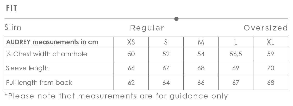Size chart for Audrey women's shirt