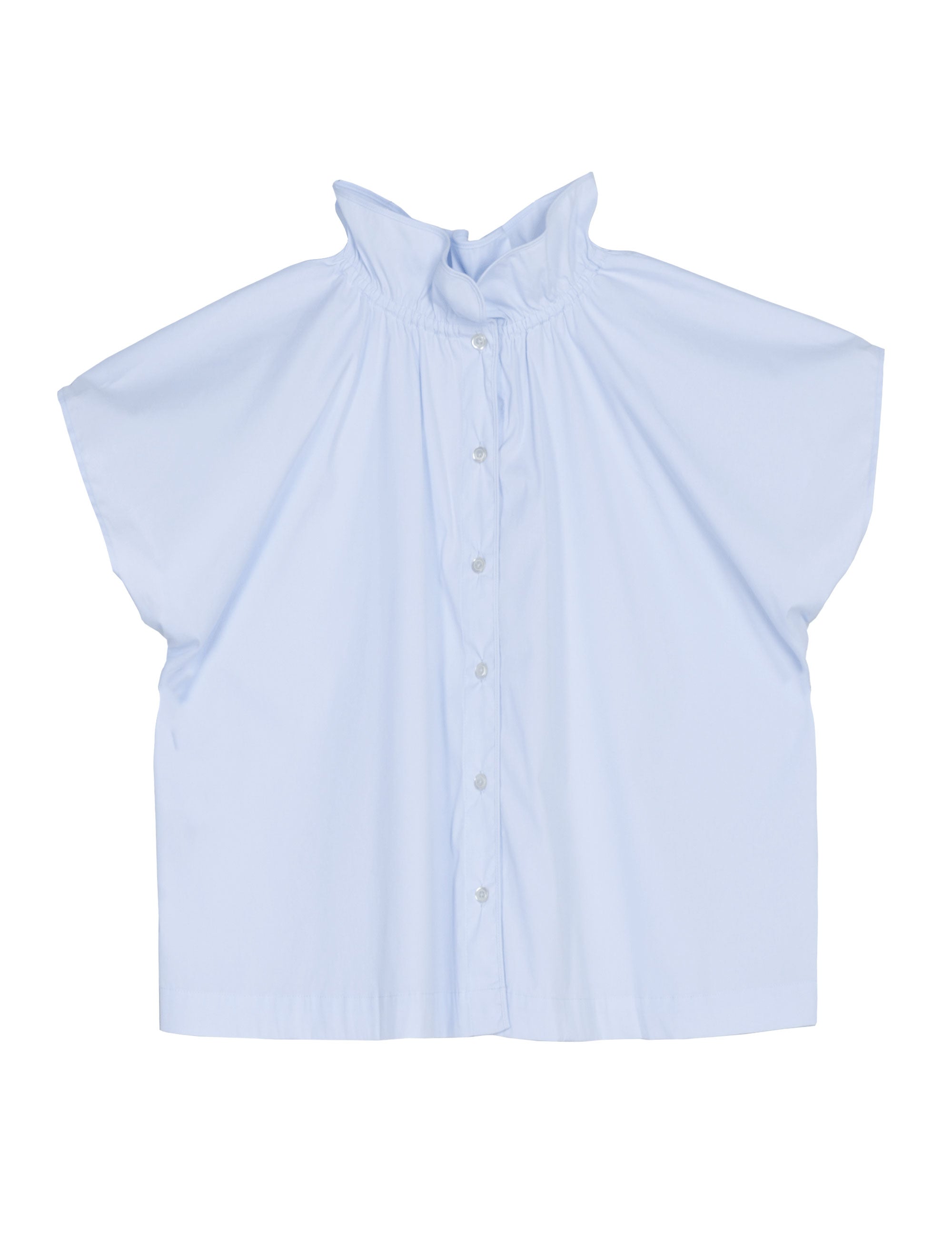 Light blue sleeveless womens shirt with frilled stand collar and buttons