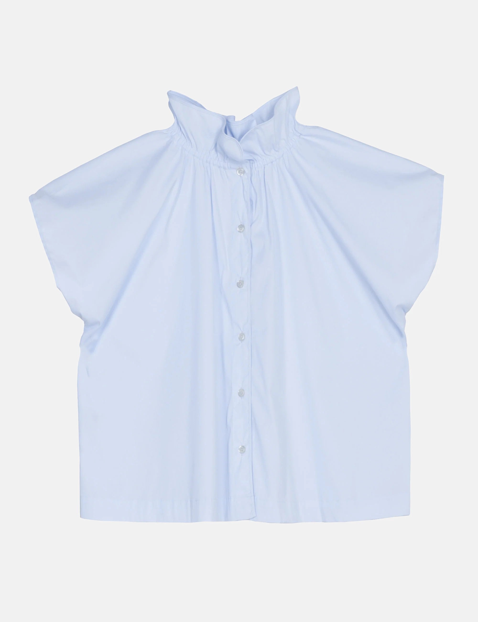 Light blue sleeveless womens shirt with frilled stand collar and buttons