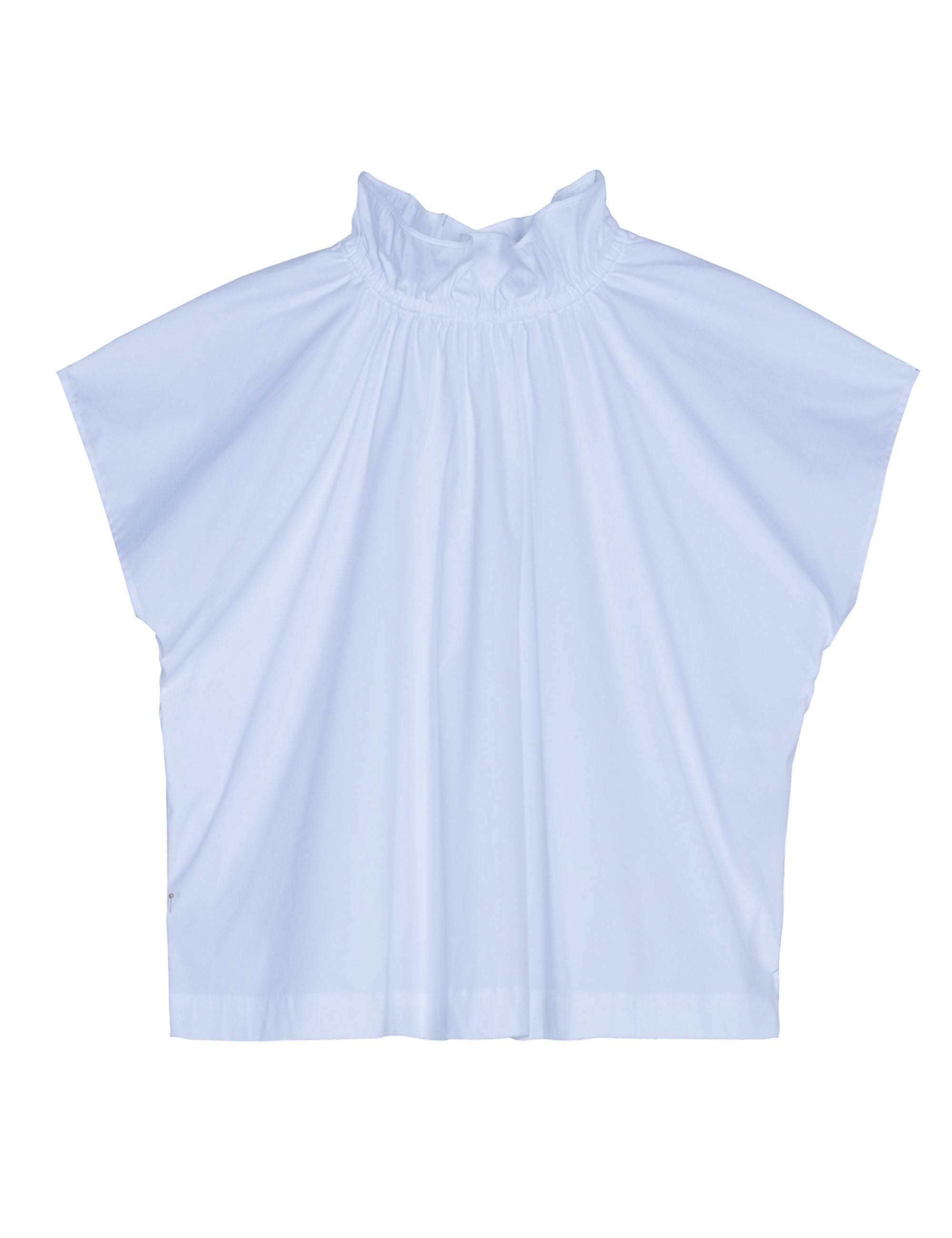 Light blue sleeveless womens shirt with frilled stand collar and buttons