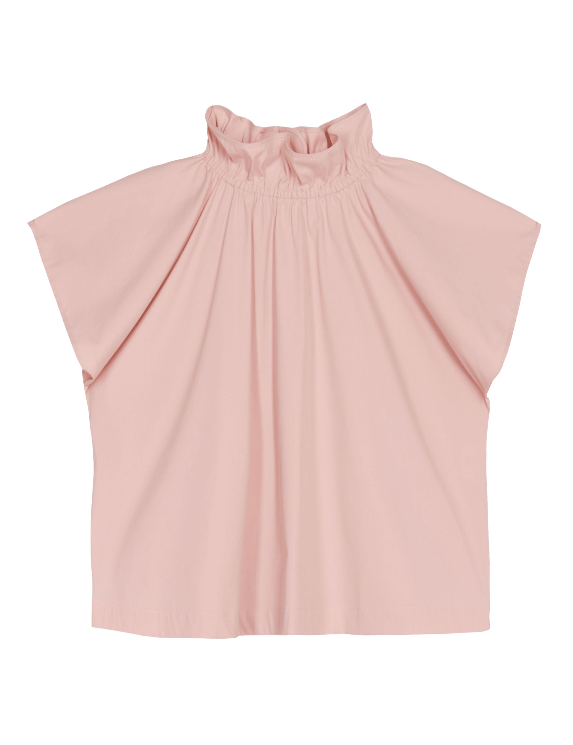 Light pink sleeveless cotton top with frilled stand collar and buttons