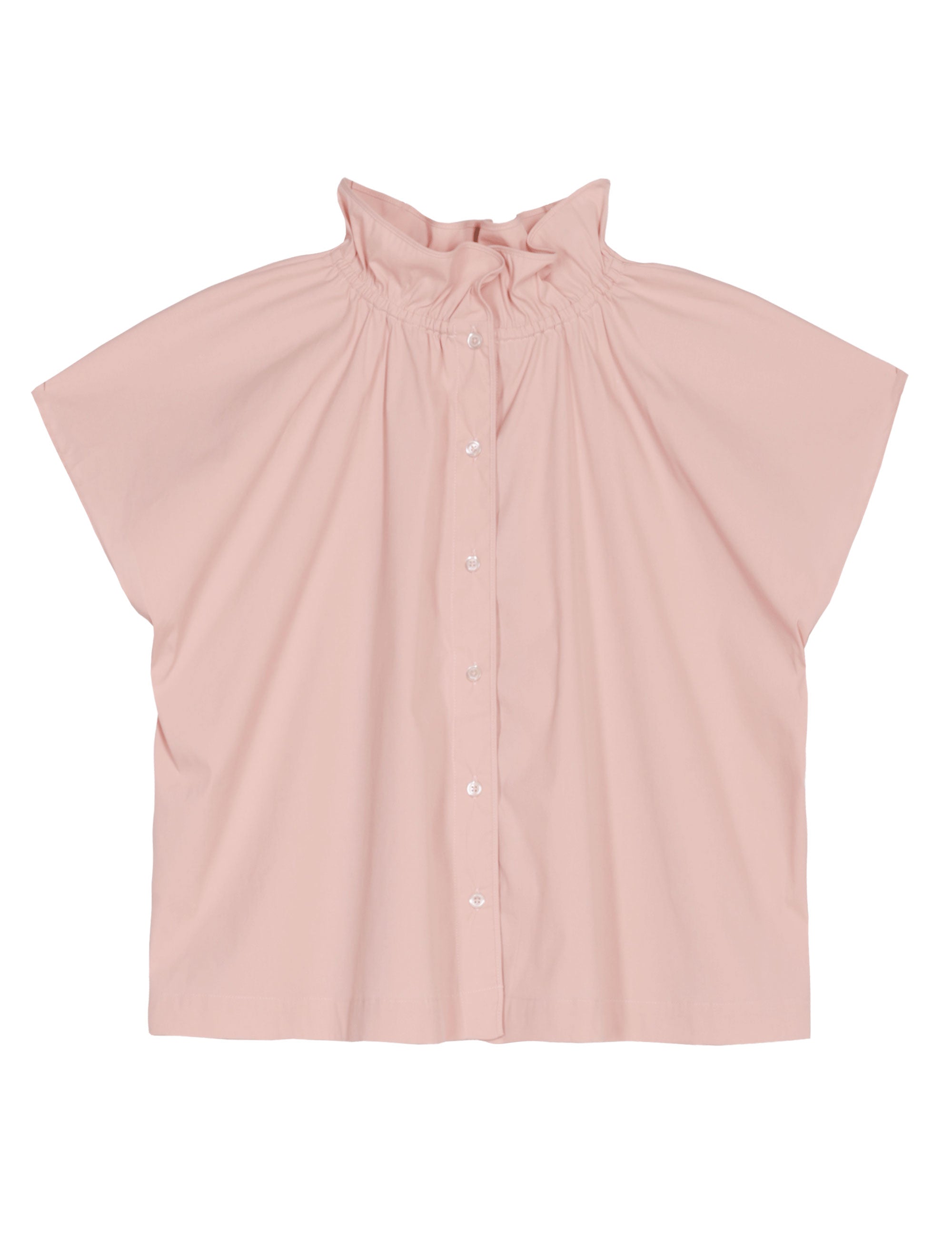 Light pink sleeveless cotton top with frilled stand collar and buttons