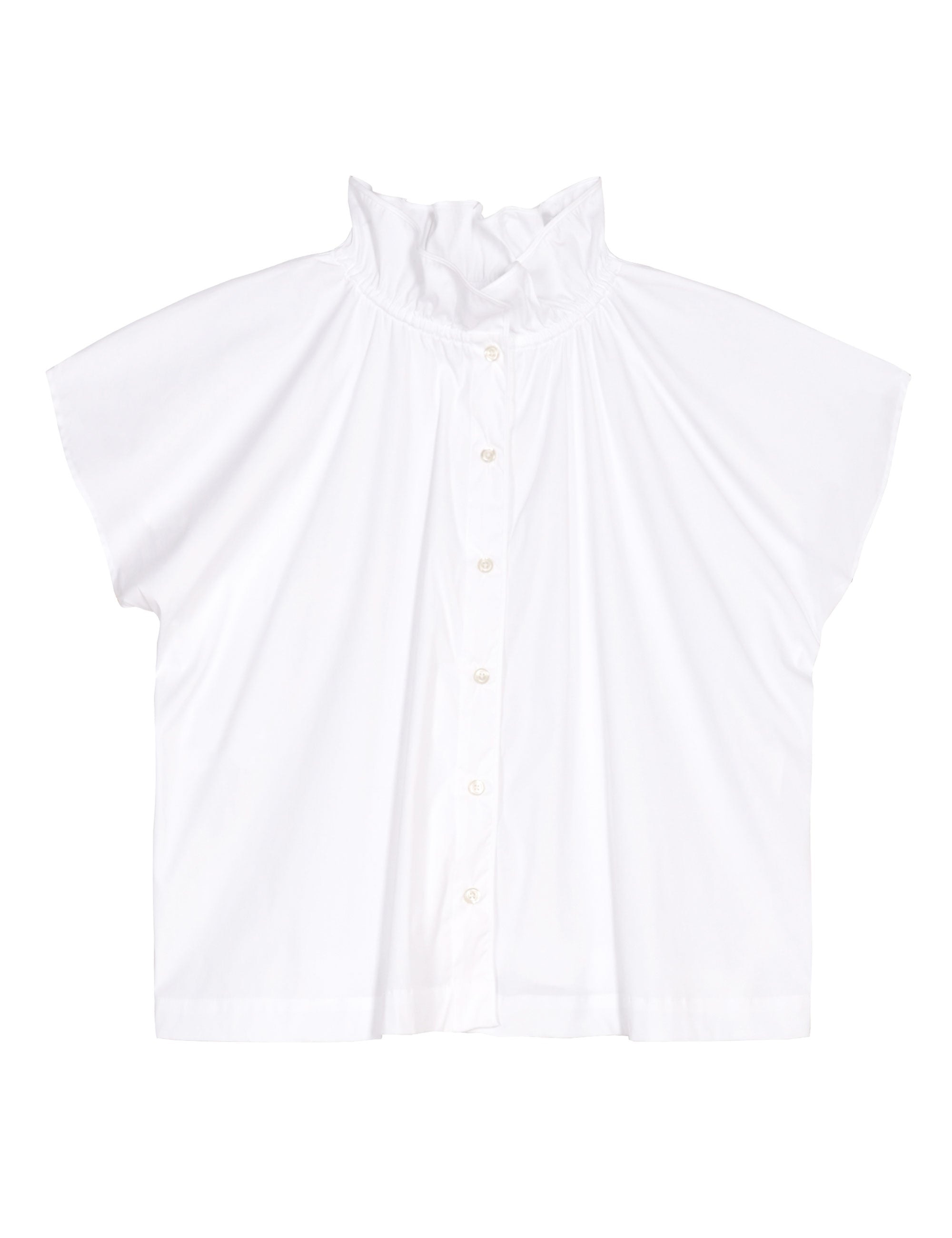 White sleeveless top in Liberty cotton with buttons and frilled stand collar