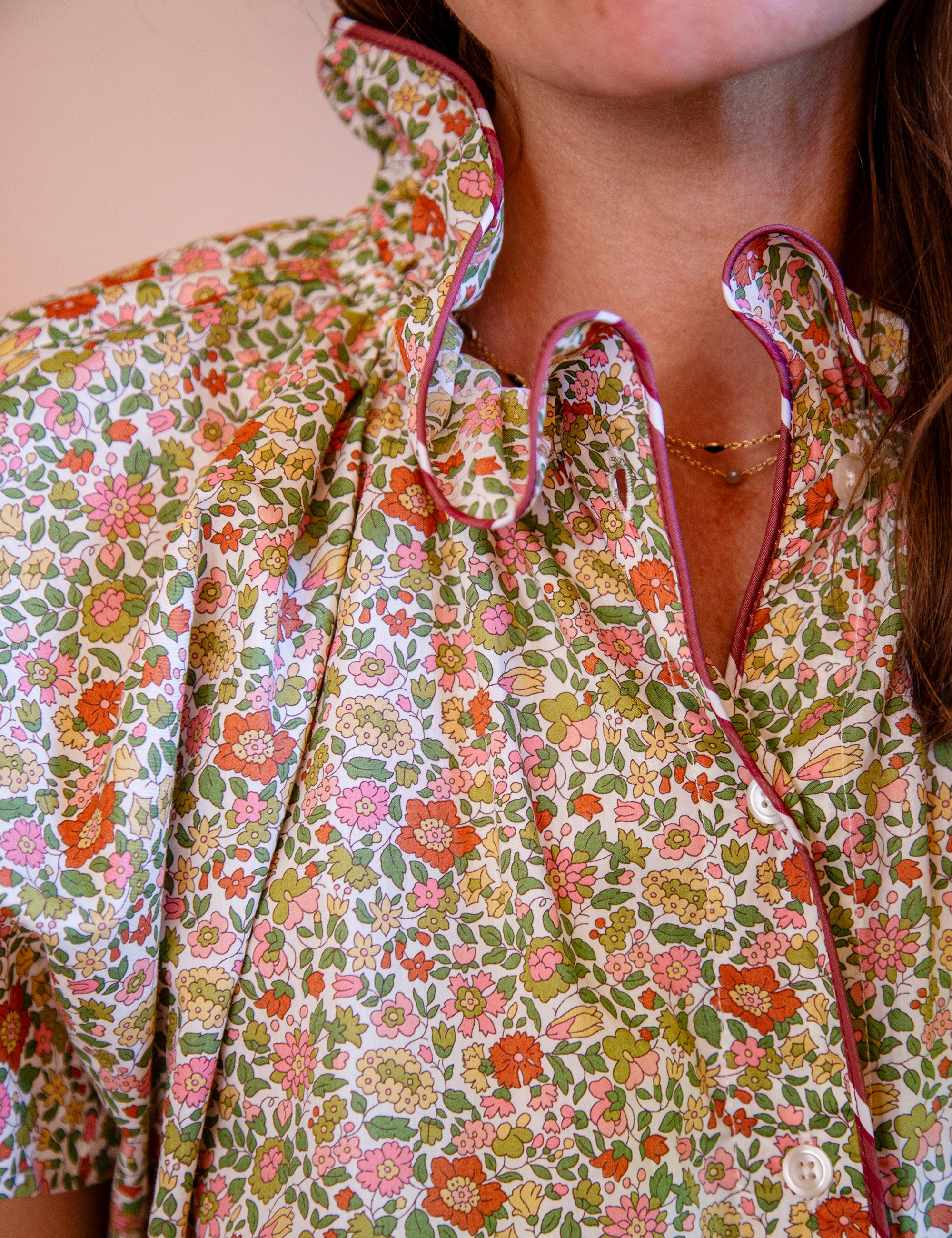 Floral patterned top with a close-up of the neckline.