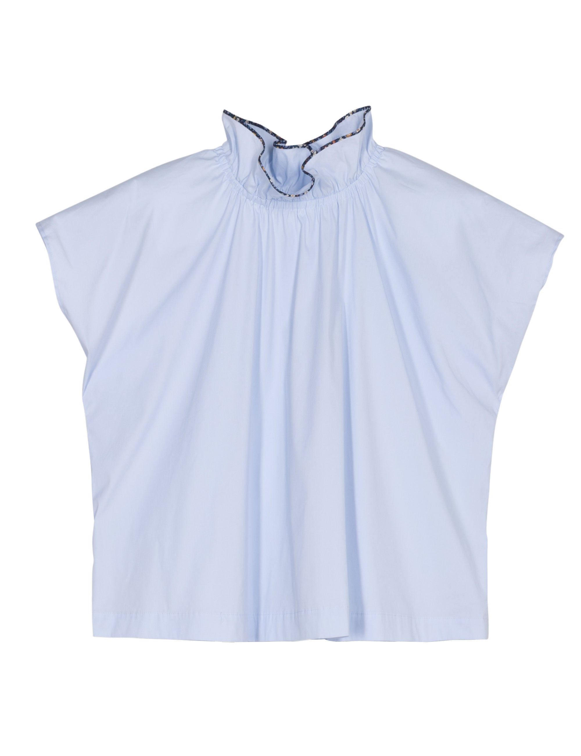 Light blue sleeveless top with stand collar and pleated details on a white background