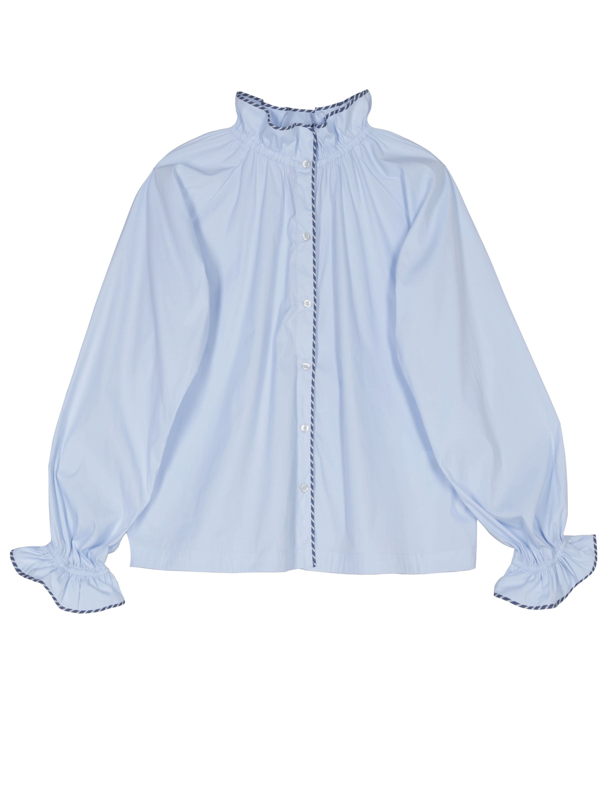 Long sleeved woman's shirt in light blue cotton with frilled stand collar, frilled cuffs, buttons and floral pipings