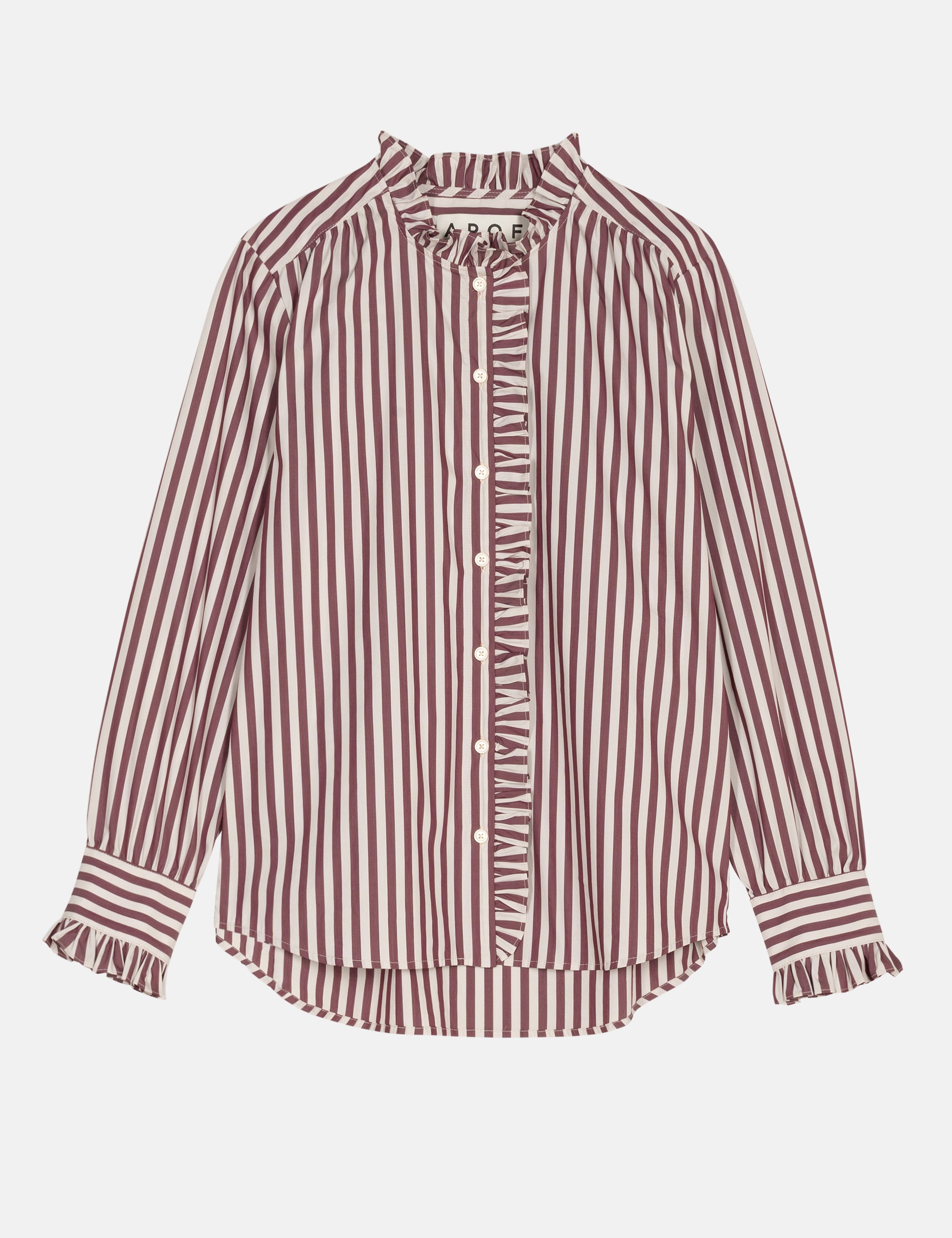 Red and white striped blouse with ruffles and long arms on a light gray background