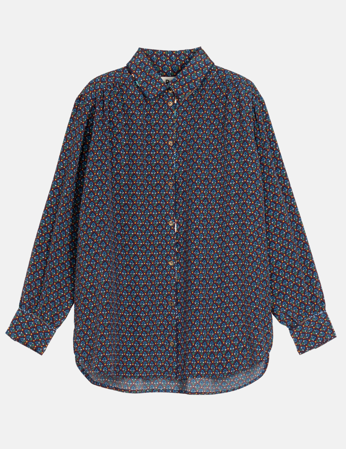 Dark blue geometric-pattern button-up shirt, long sleeves, pointed collar