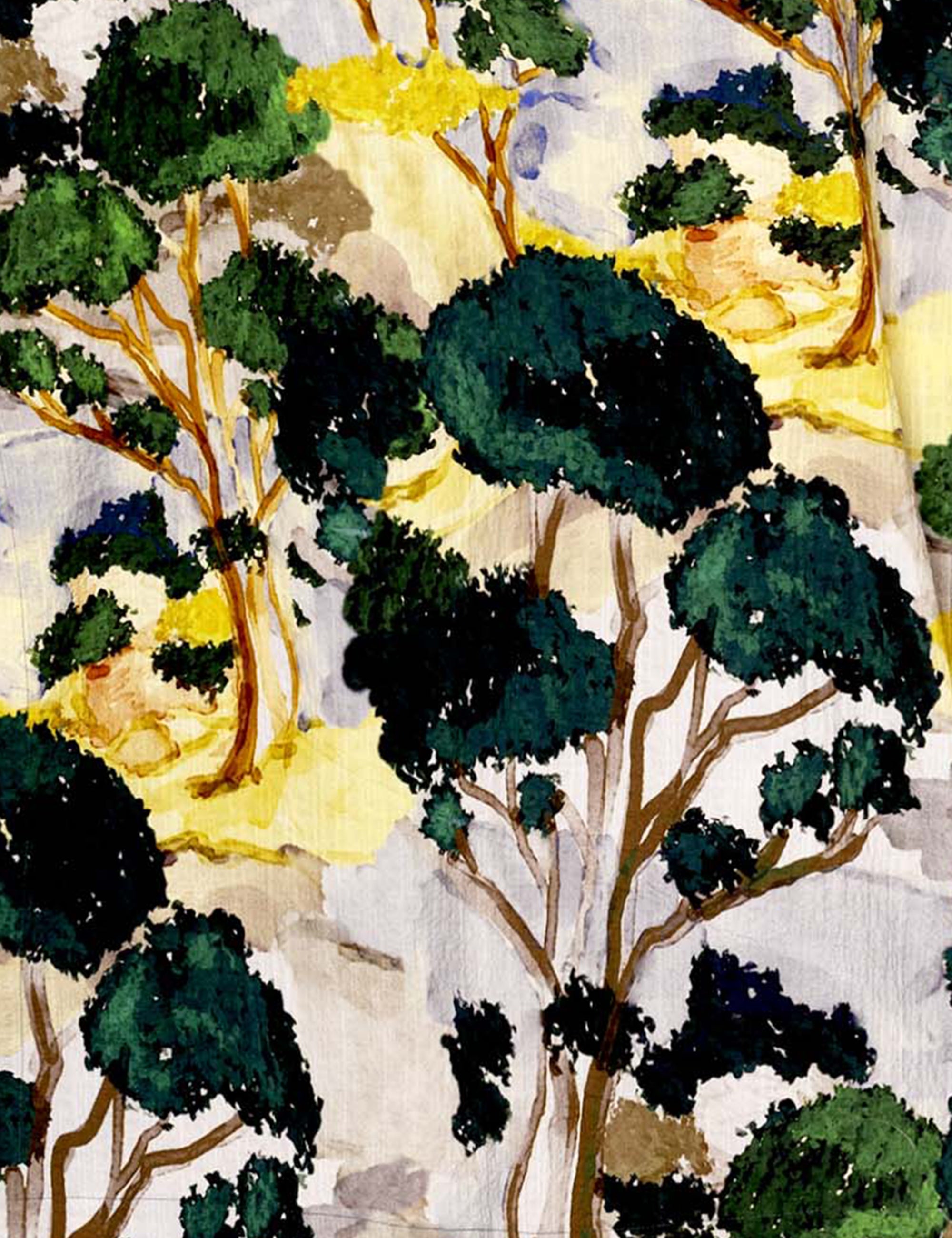 Closeup of Liberty cotton print Amalfi in green yellow and white with tree painting