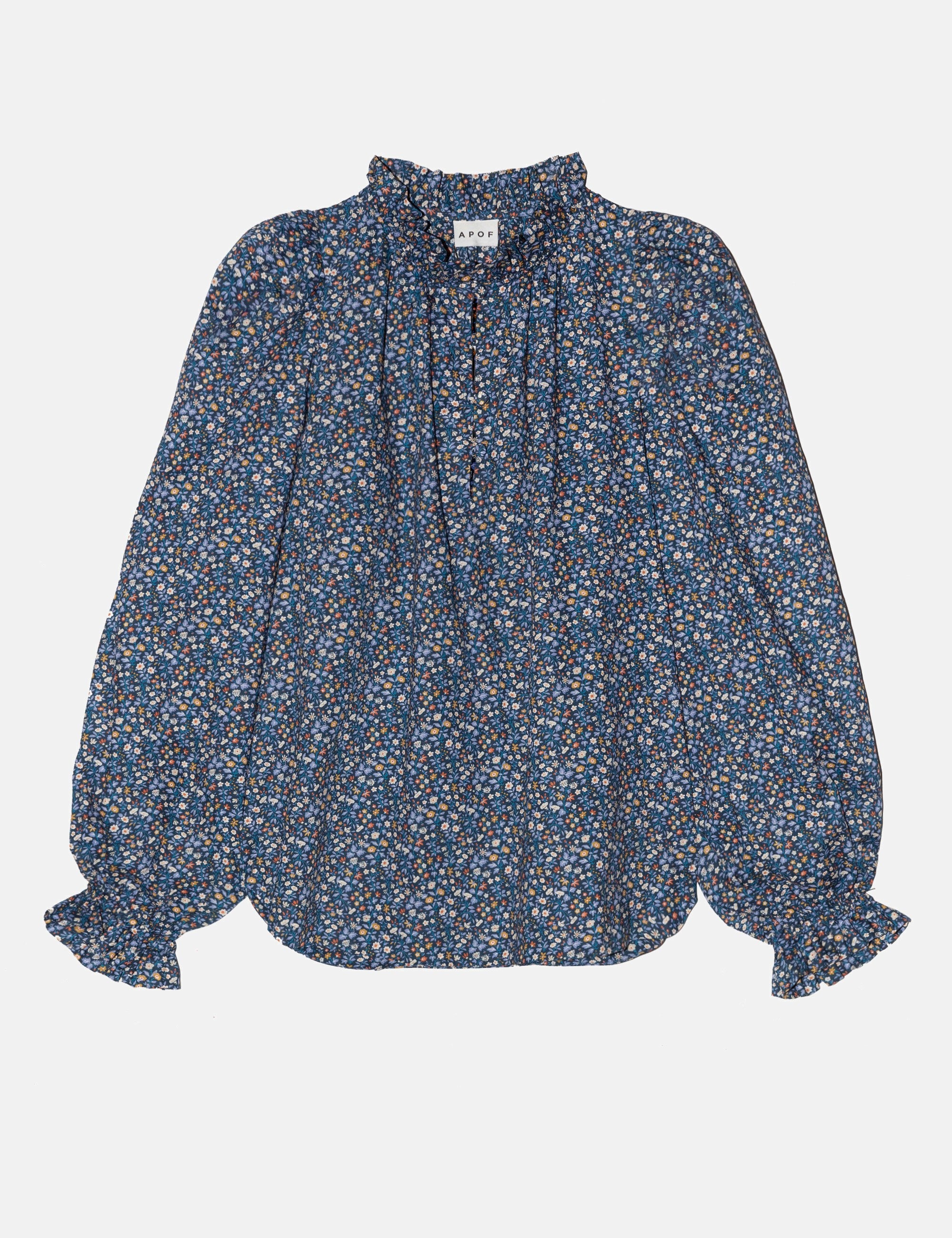 Blue floral blouse with puff sleeves and frills