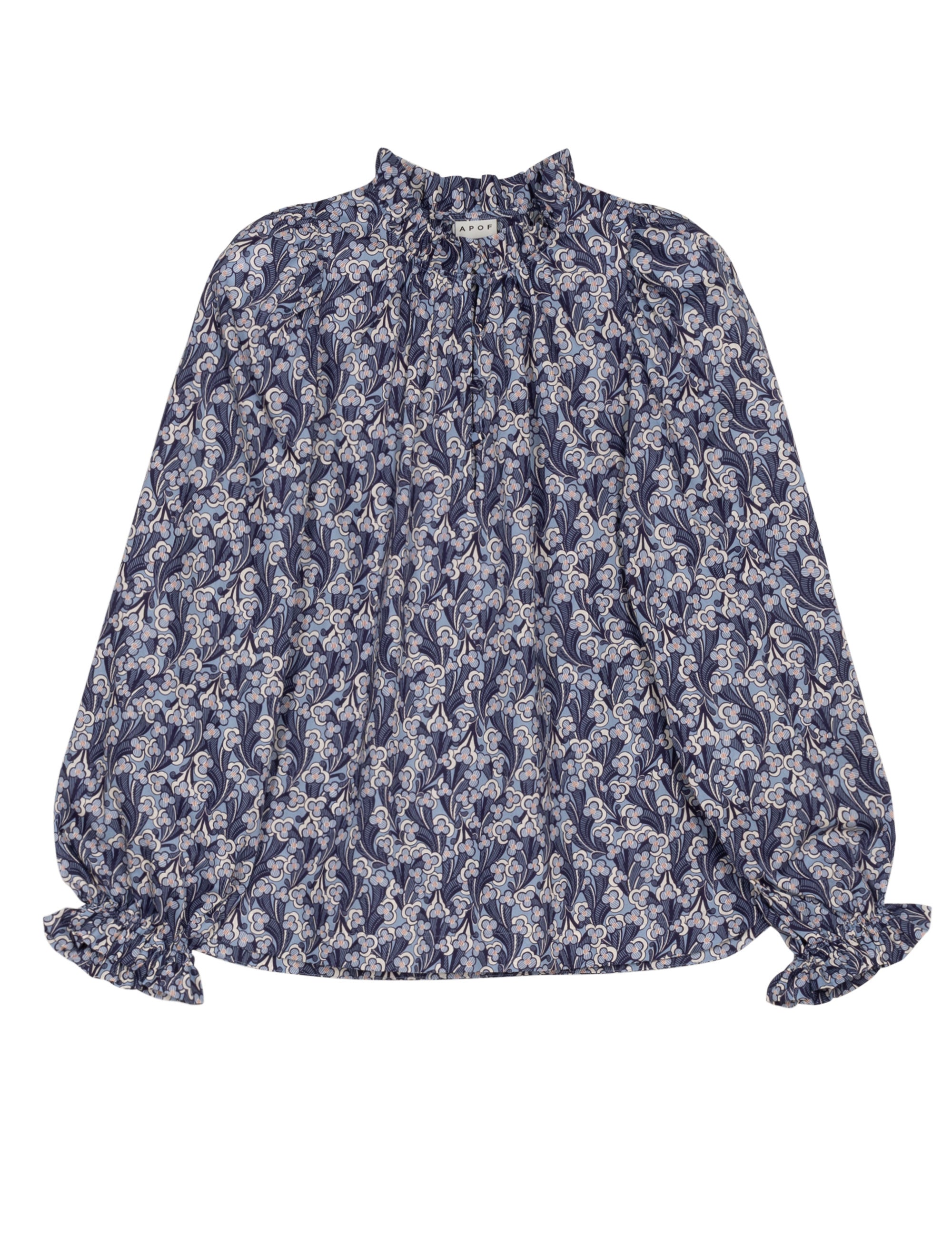 Blue floral blouse with puff sleeves, frilled cuffs and stand collar