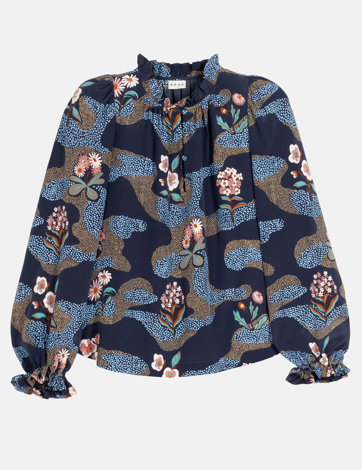 Navy patterned blouse with long puff sleeves and ruffled cuffs, gathered high neckline