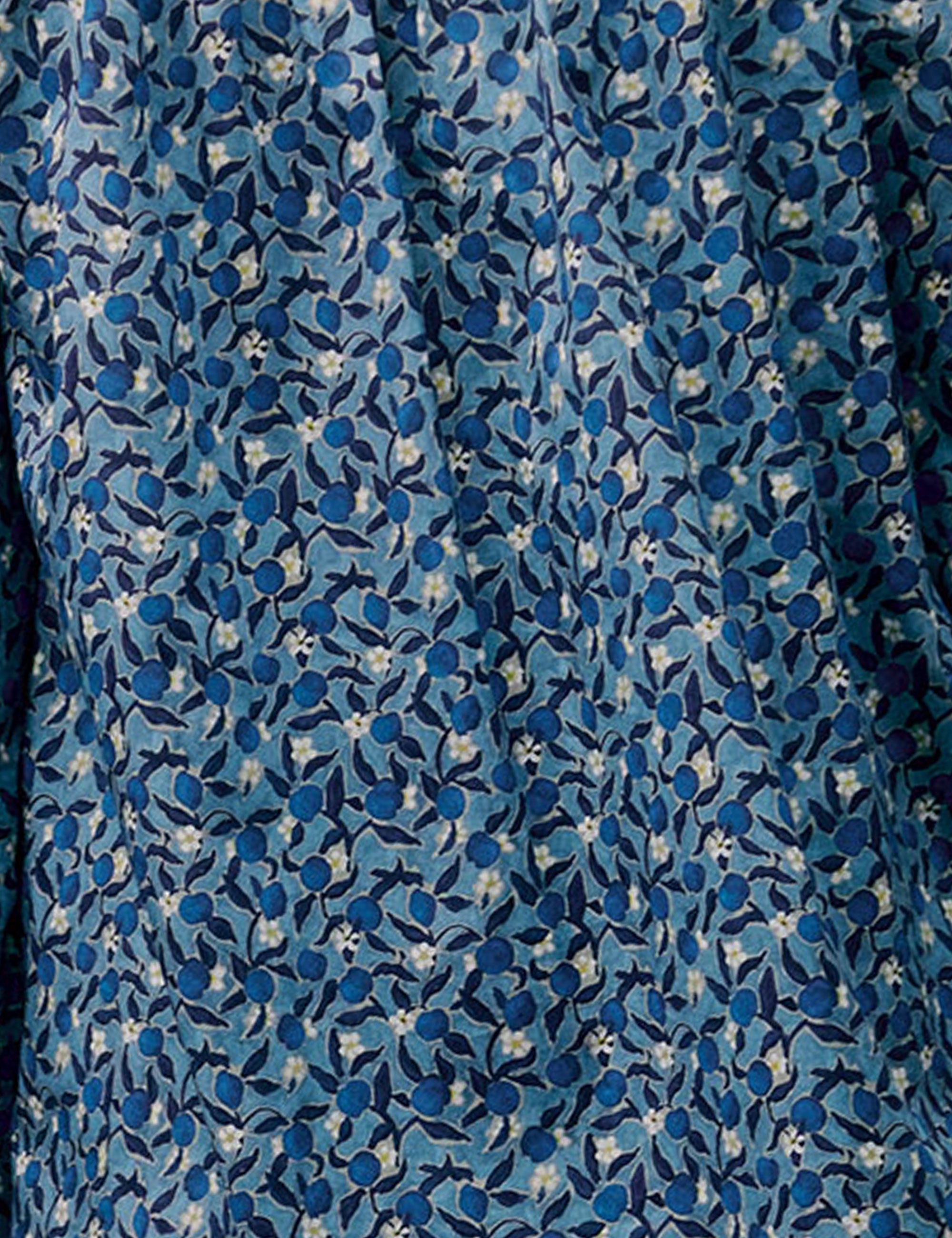 Close-up of the blue floral Liberty print fabric