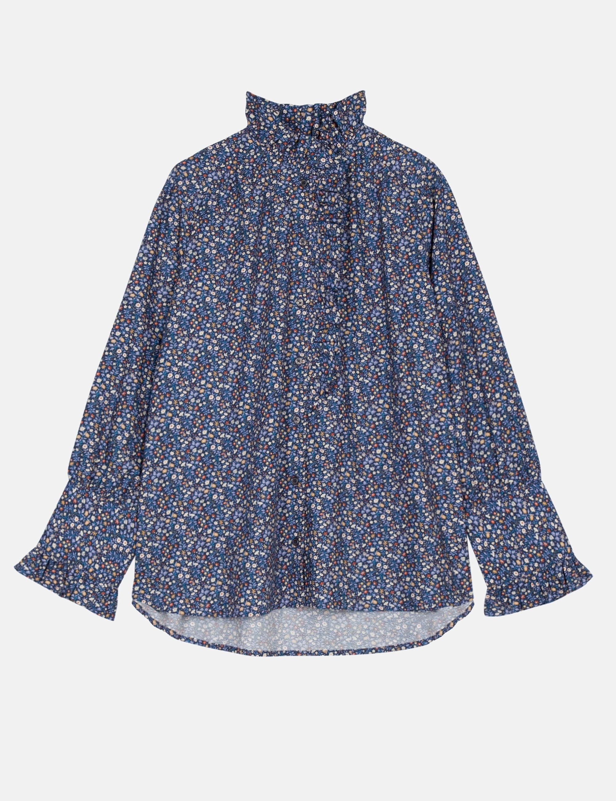 美品　OHGA PATTERN BLOUSE ブルー Blue Floral Blouse With High Ruffle Collar And Soft Volume