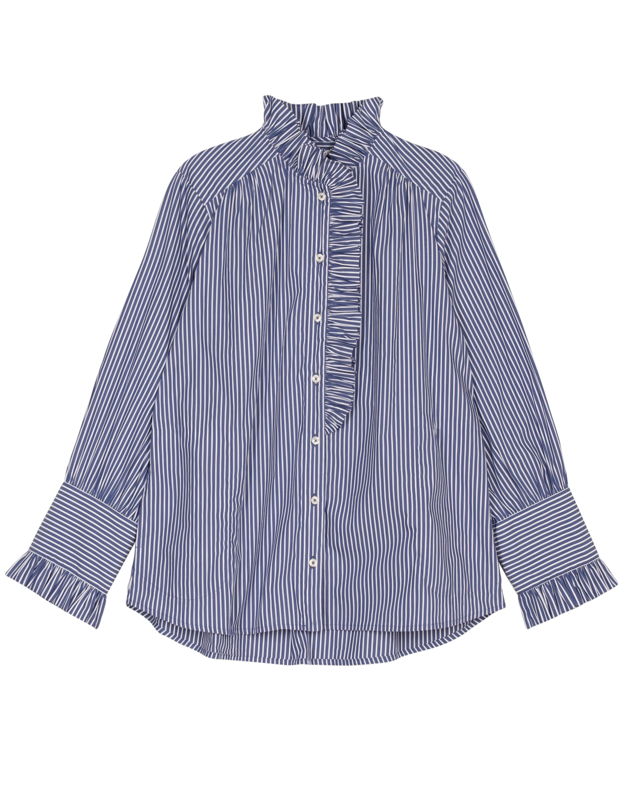 Blue and white striped shirt with ruffled details on a white background