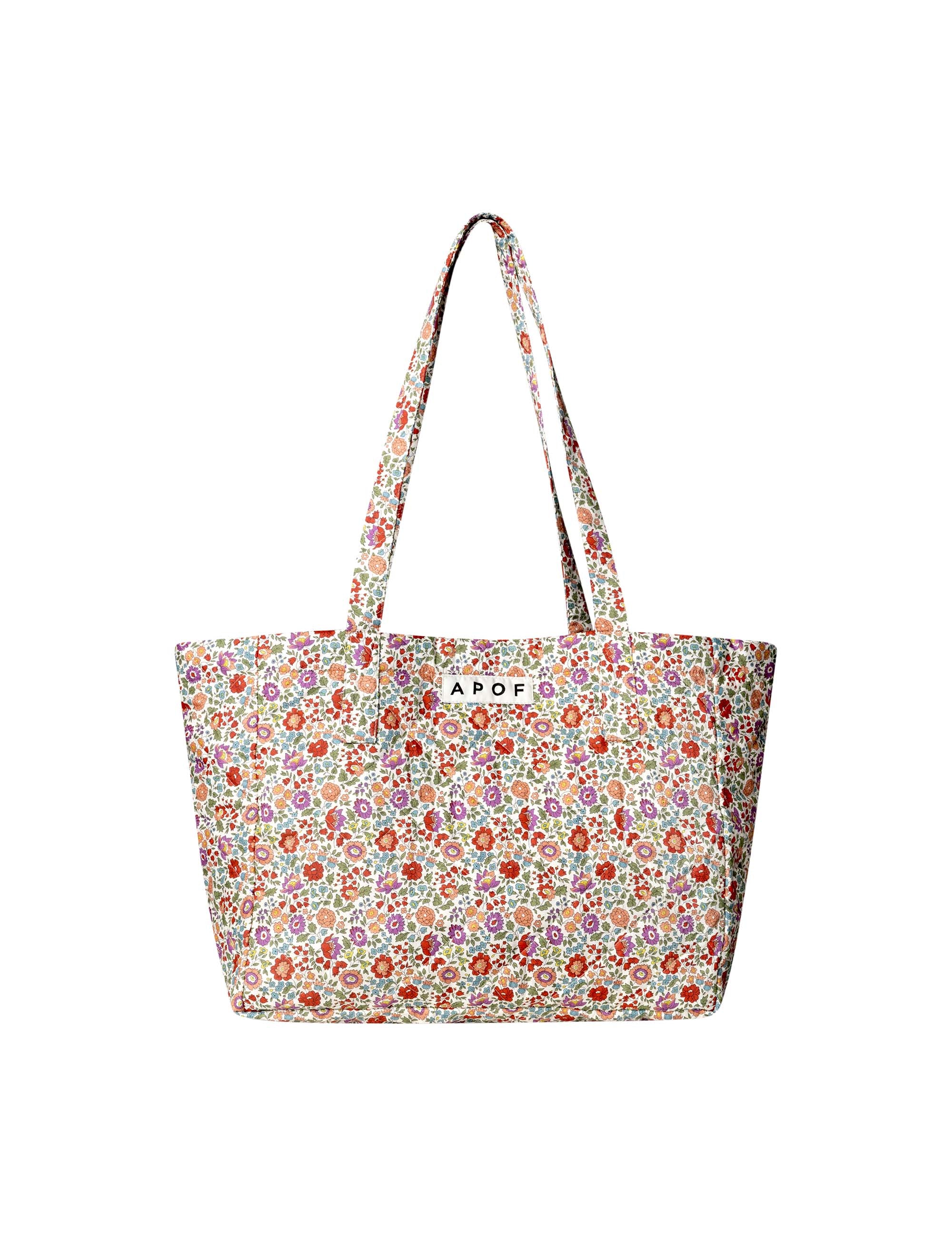 Multi-colored floral print cotton tote bag