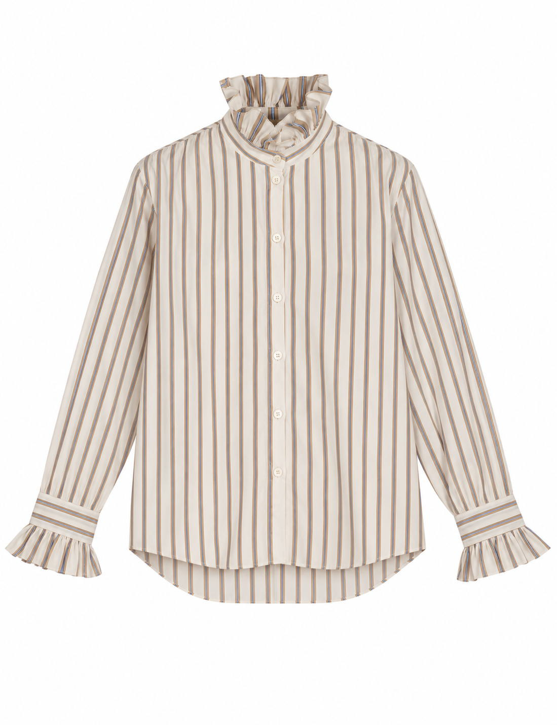 A lwhite and brown striped blouse with a ruffled high neck, button-up front, and ruffled cuffs.