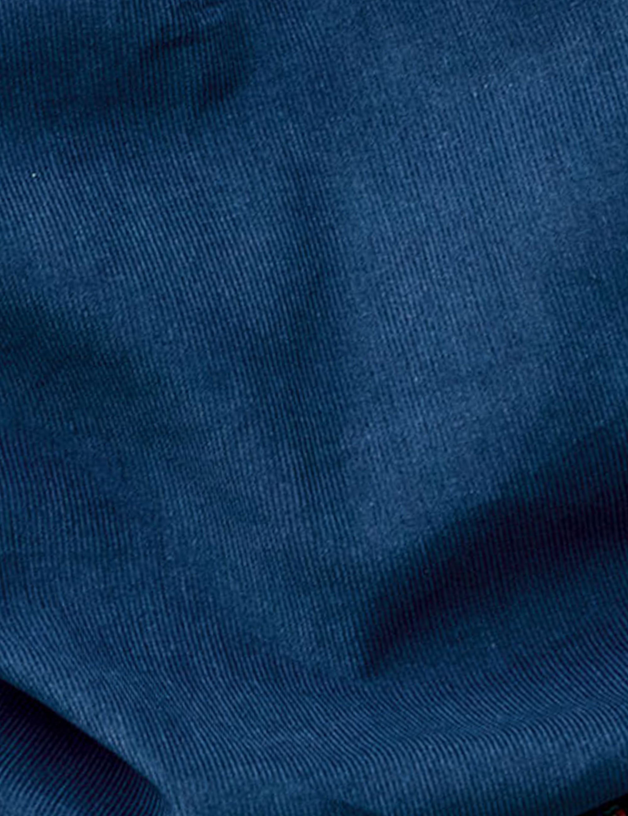 Close-up of blue corduroy blouse fabric showing texture and weave