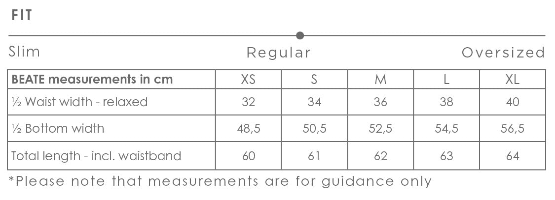 Size chart for Beate shirt