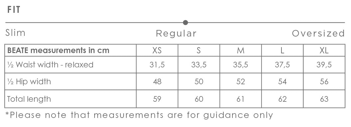 Beate skirt size chart