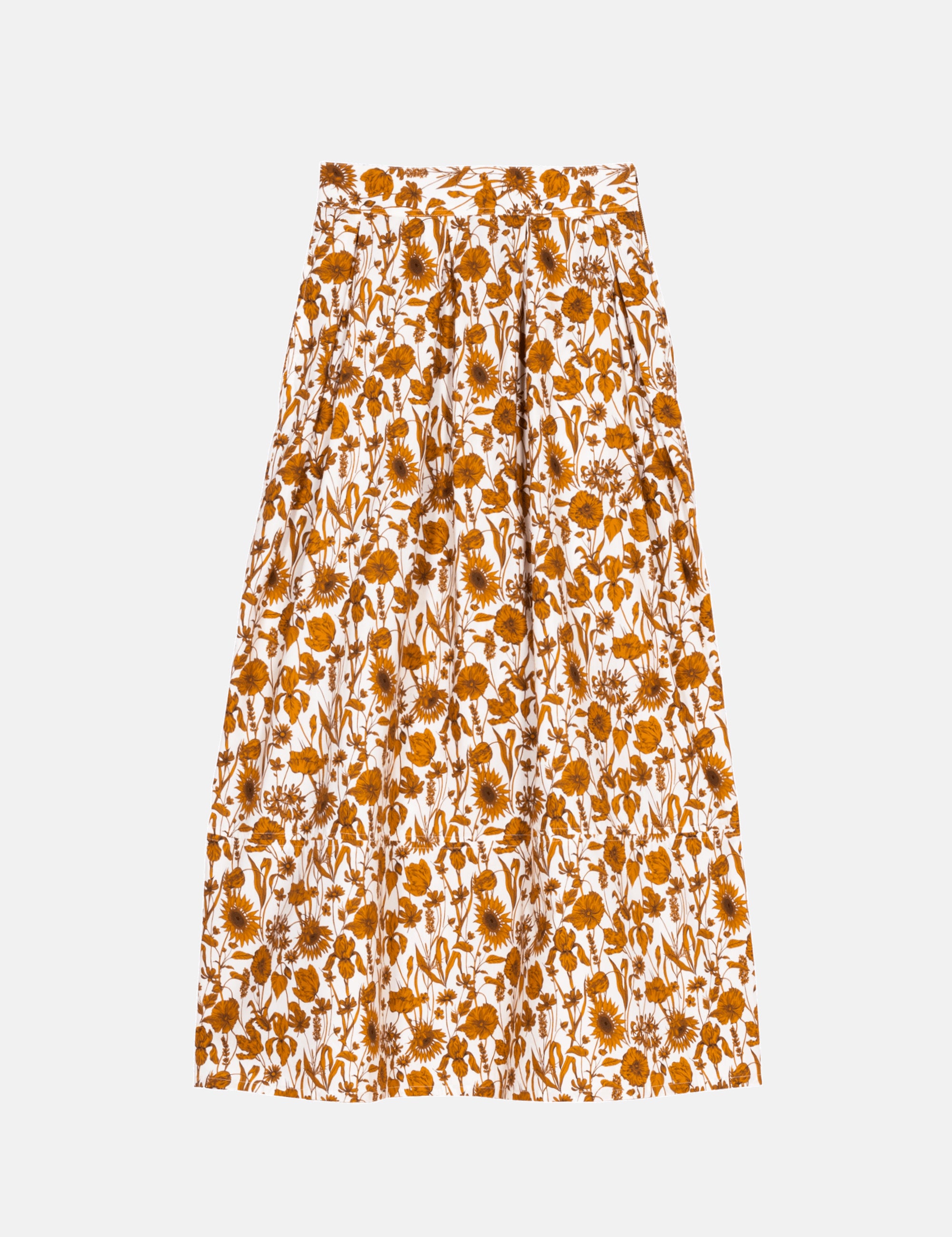 Floral patterned skirt with brown flowers on a white background