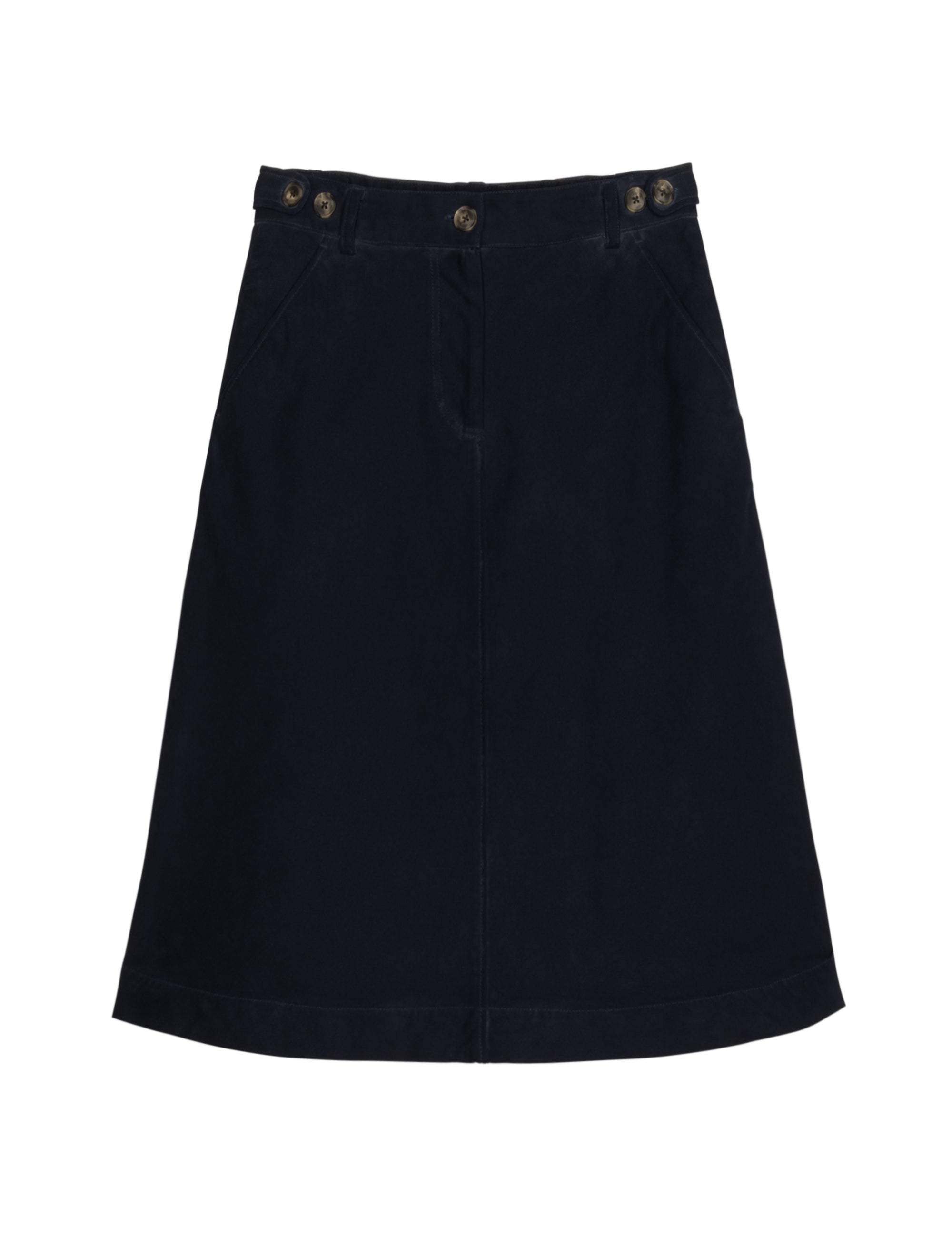 Dark blue a-line skirt with button details on a white background