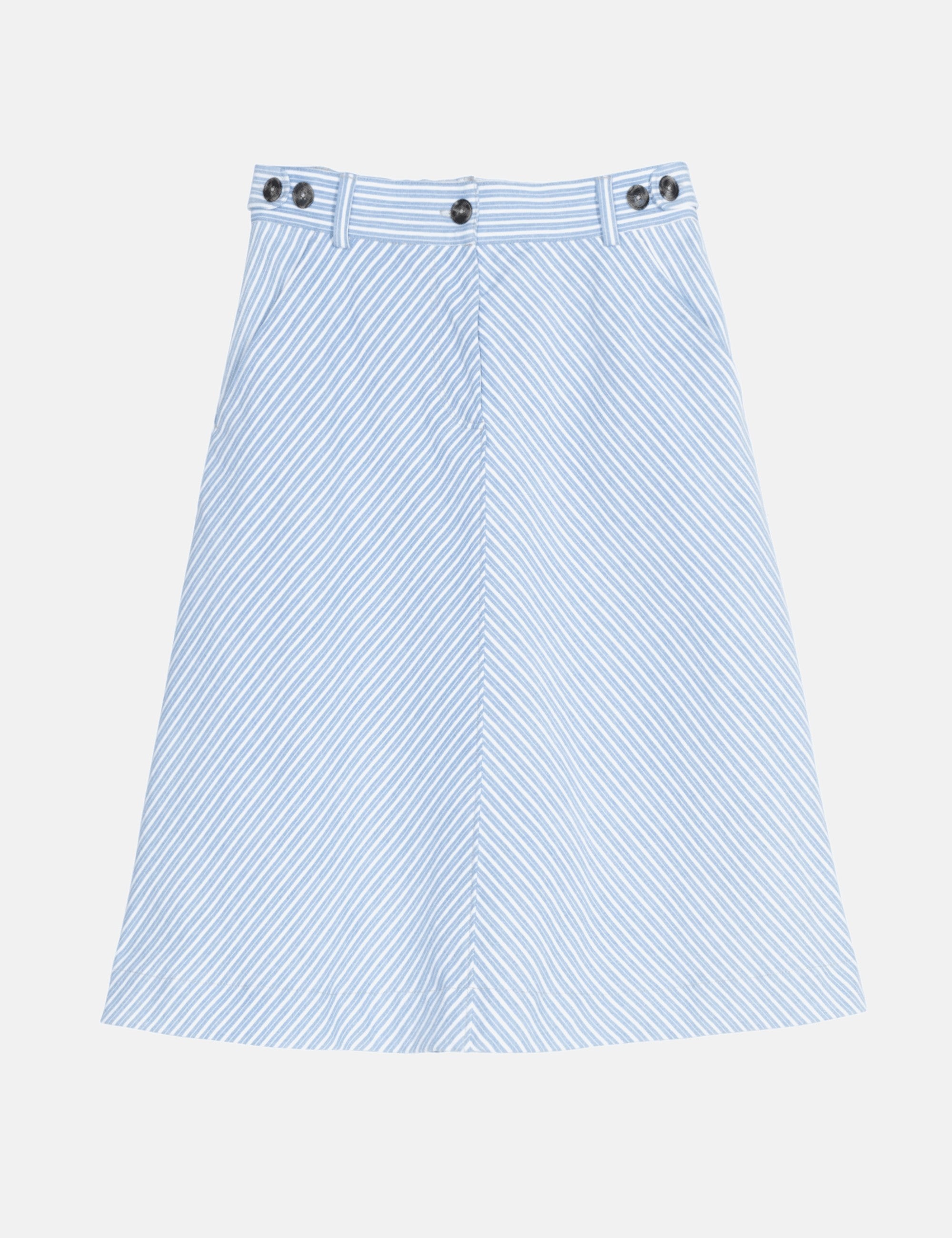 Light blue and white striped skirt with button details on a white background