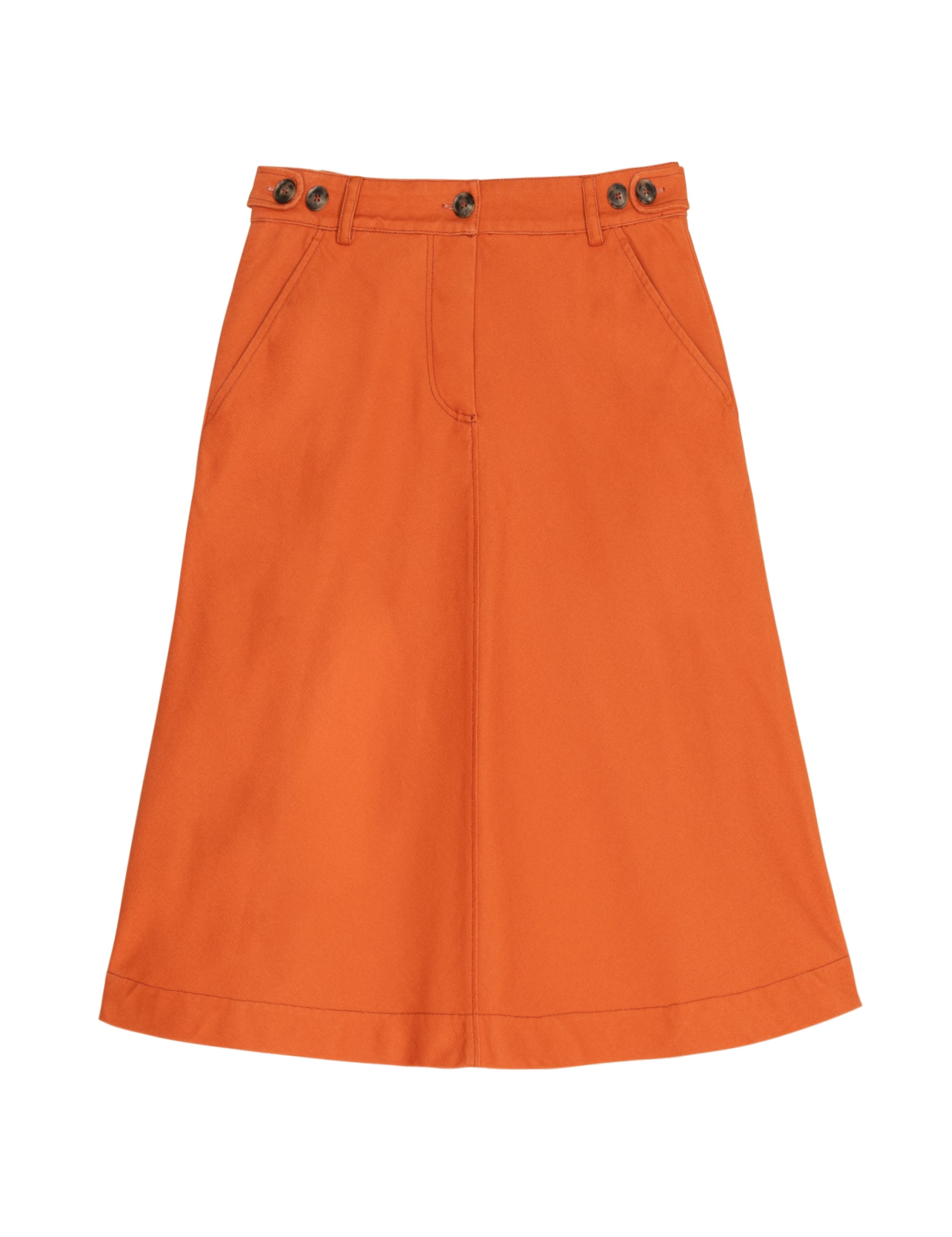 Orange a-line skirt with buttons on a white background