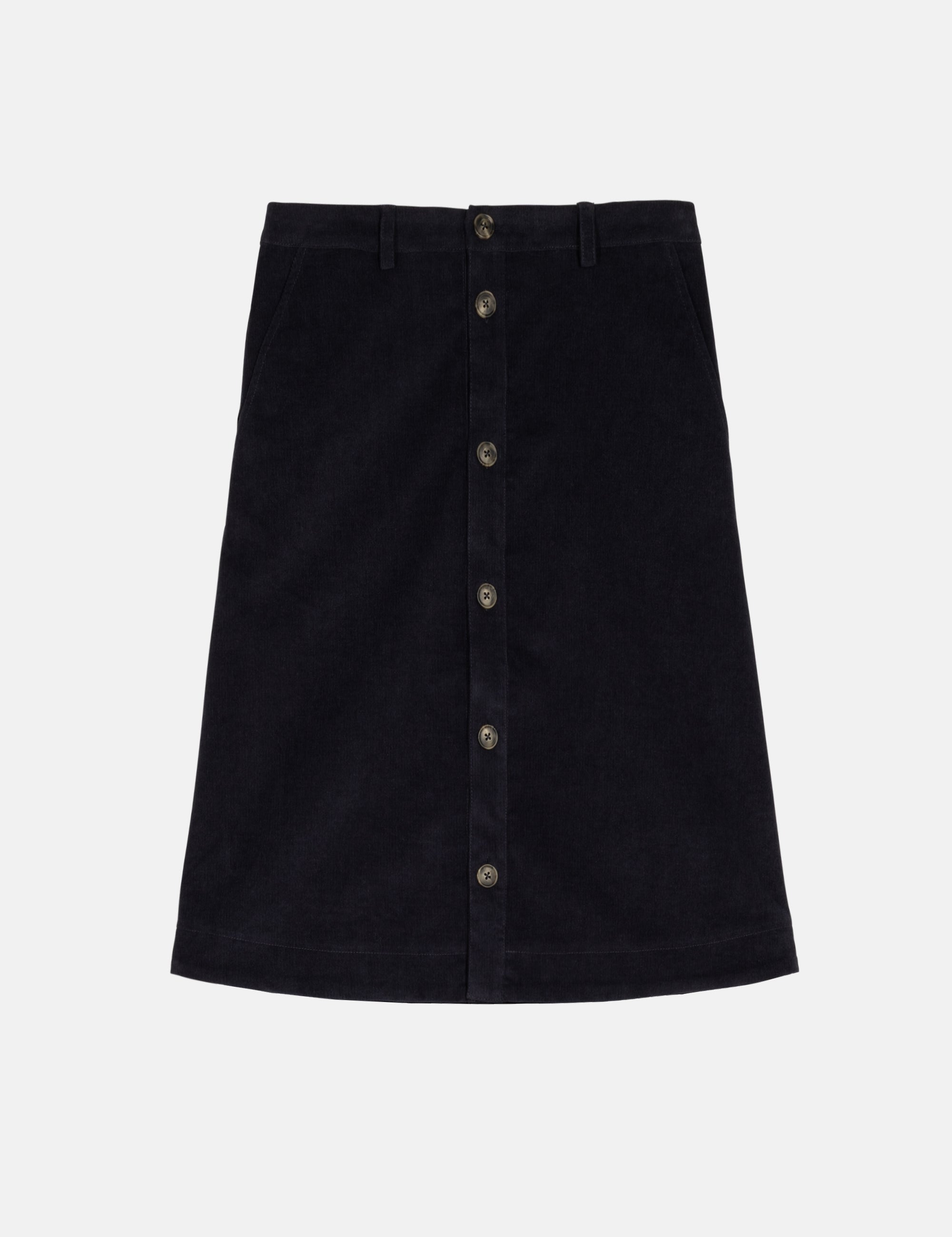Dark button-up corduroy skirt on a white background
