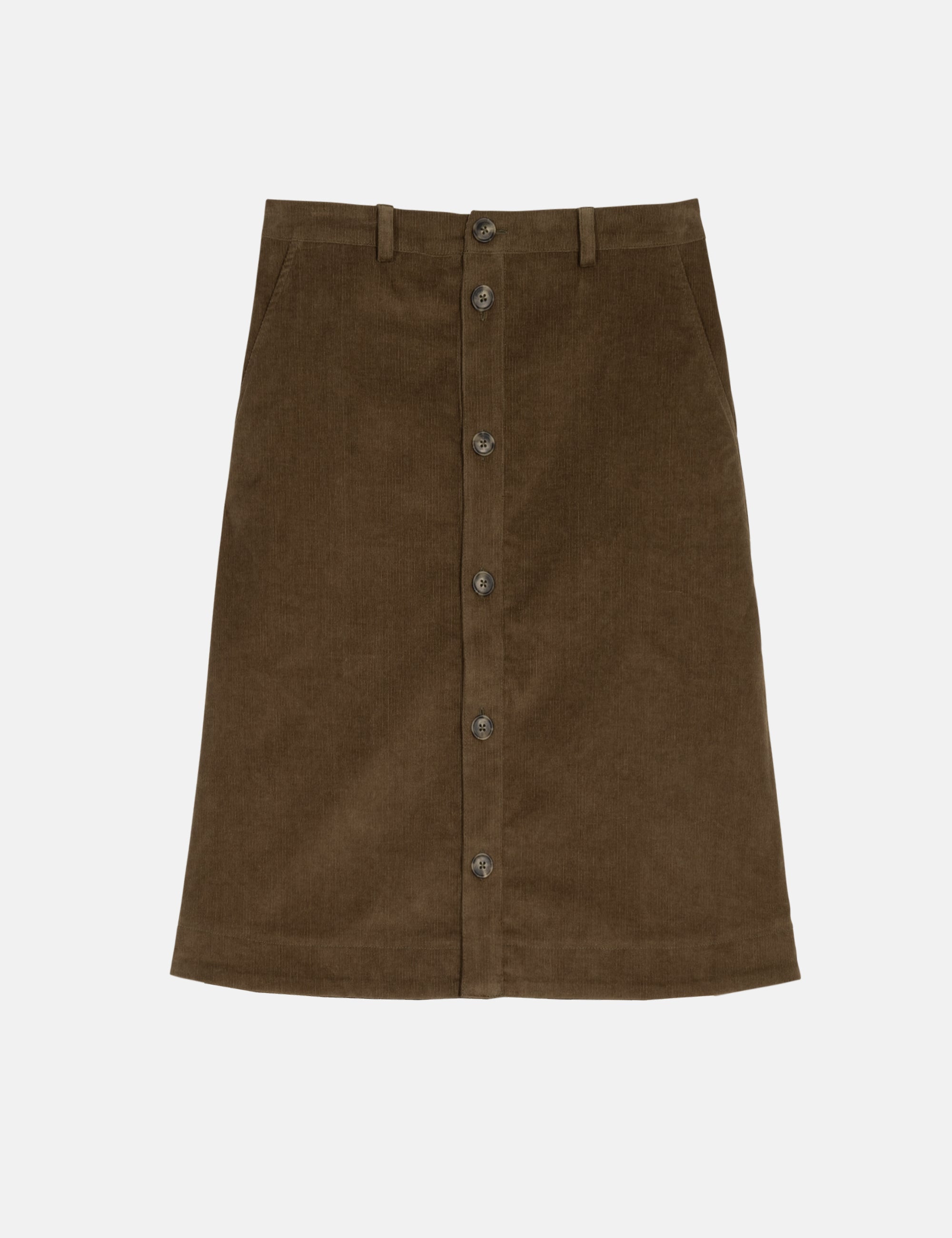 Green button-up corduroy skirt on a white background