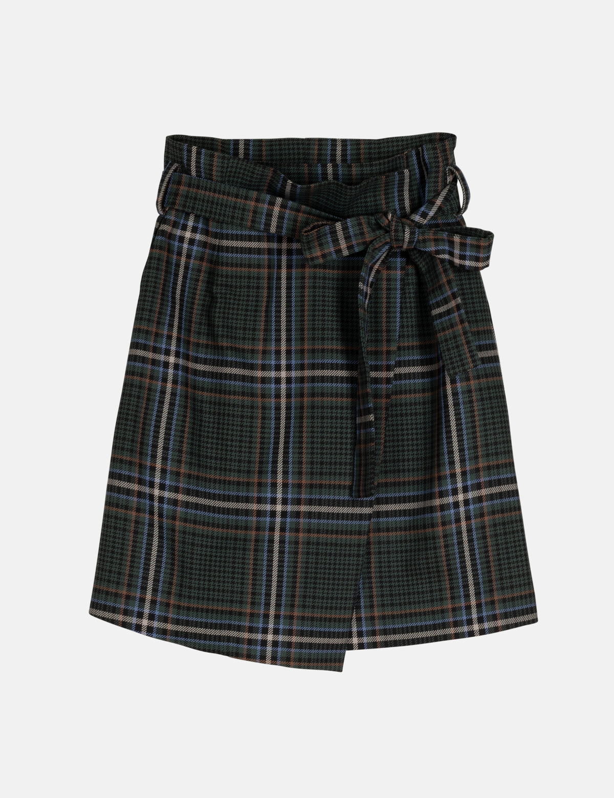 Berita plaid Harris check skirt with tie belt at waist, dark green and blue