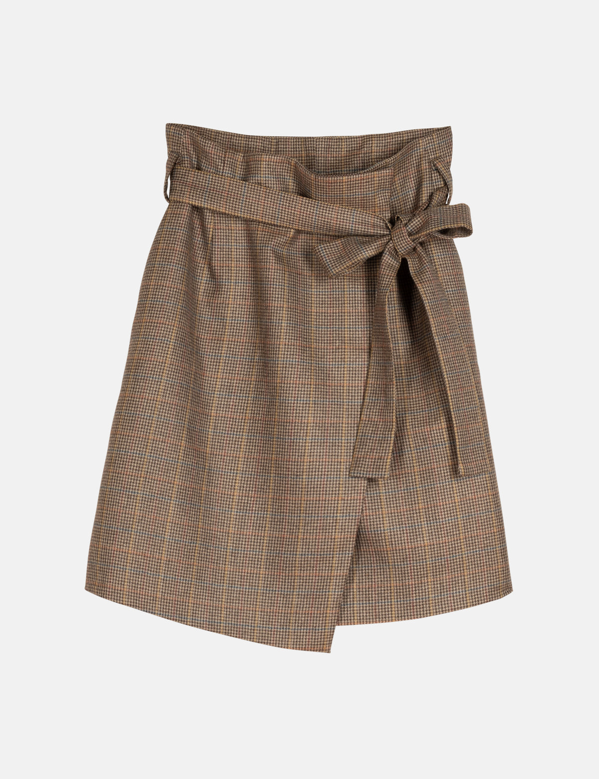 Berita heritage skirt in brown plaid with tie belt and belted wrap front