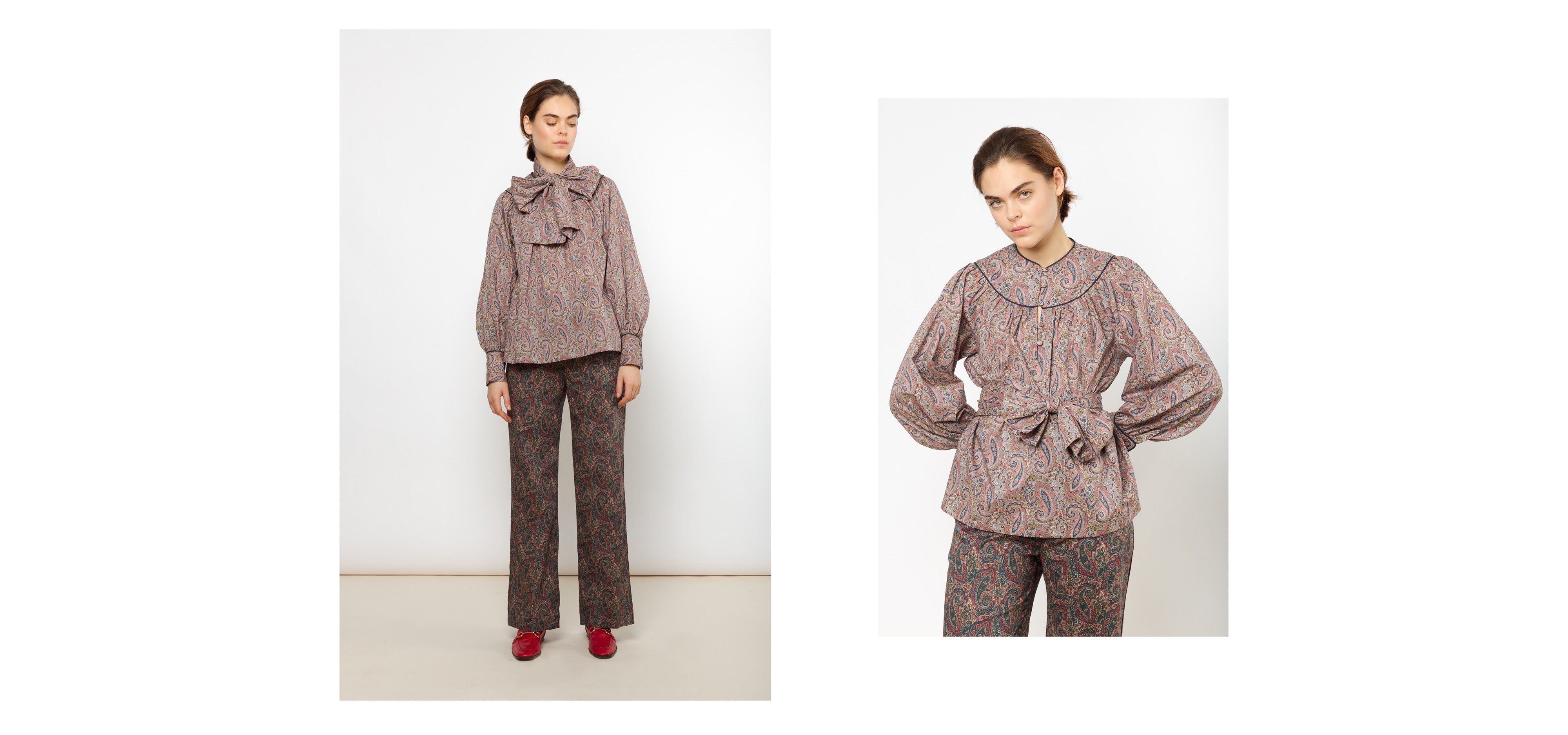 Brown paisley patterned pants and multi-colored long sleeved shirt with paisley pattern and belt