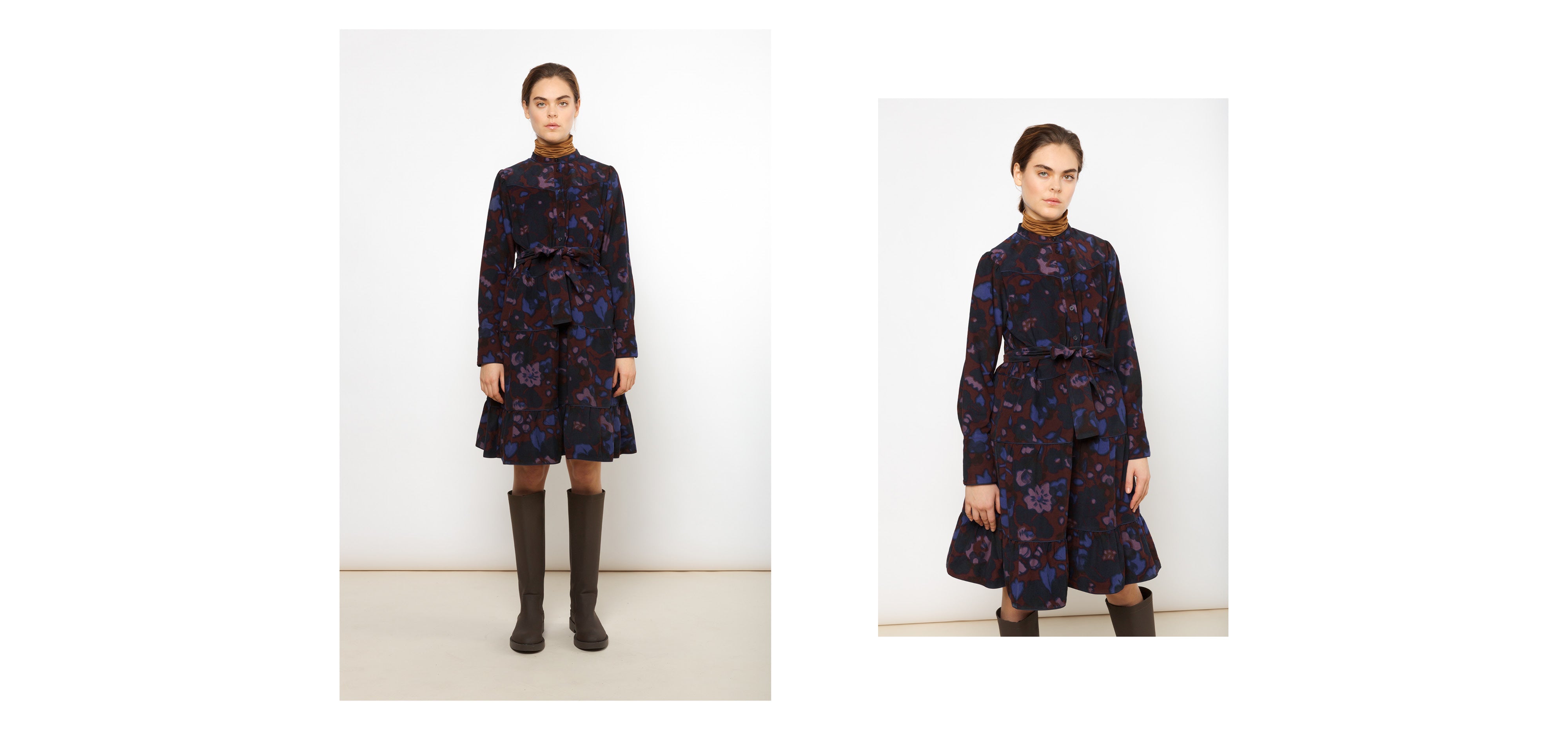 Long sleeved midi dress in dark colours with large floral pattern and belt