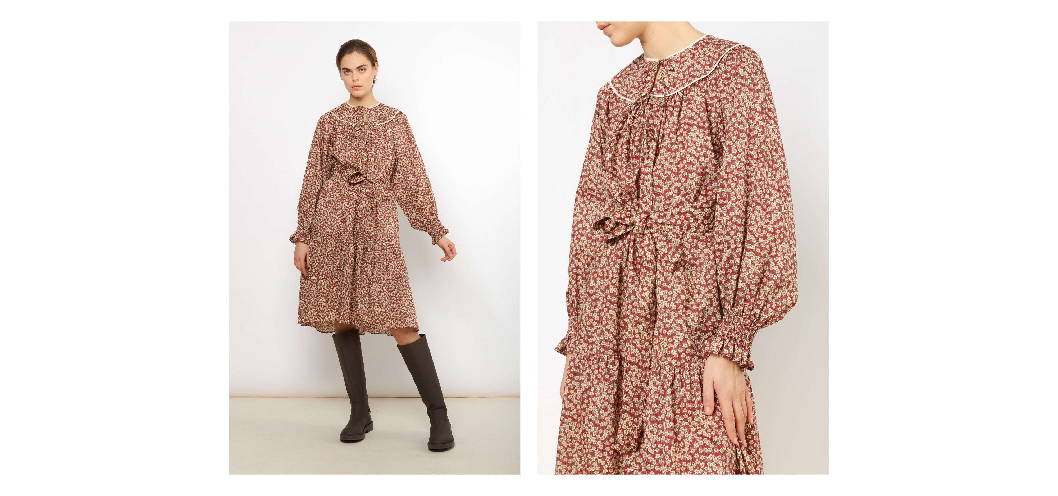 Woman in Liberty cotton midi dress with red and white floral pattern, long sleeves with frilled cuffs and belt