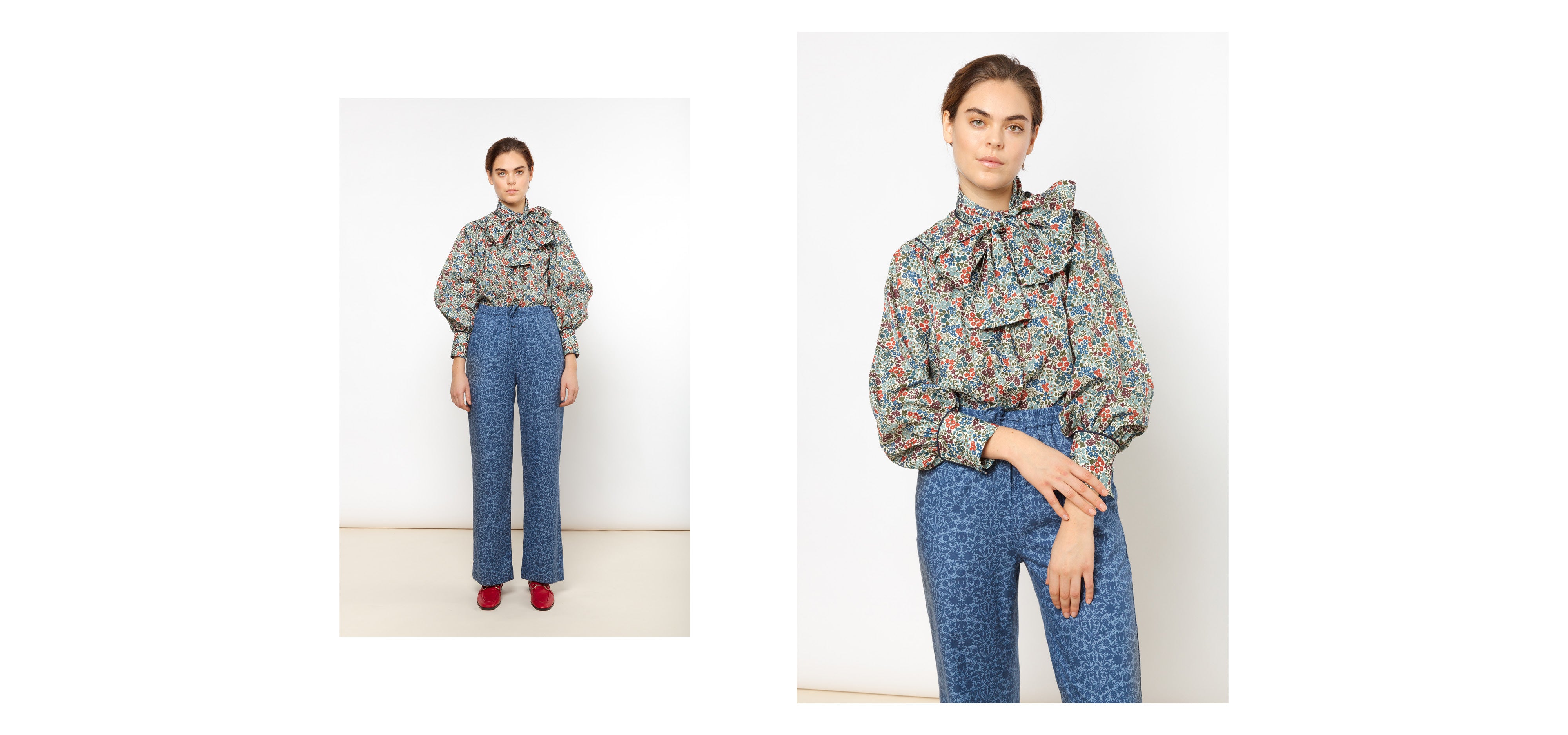 Woman in blue flower patterned pants and long sleeved Liberty cotton shirt with multi-colored floral print