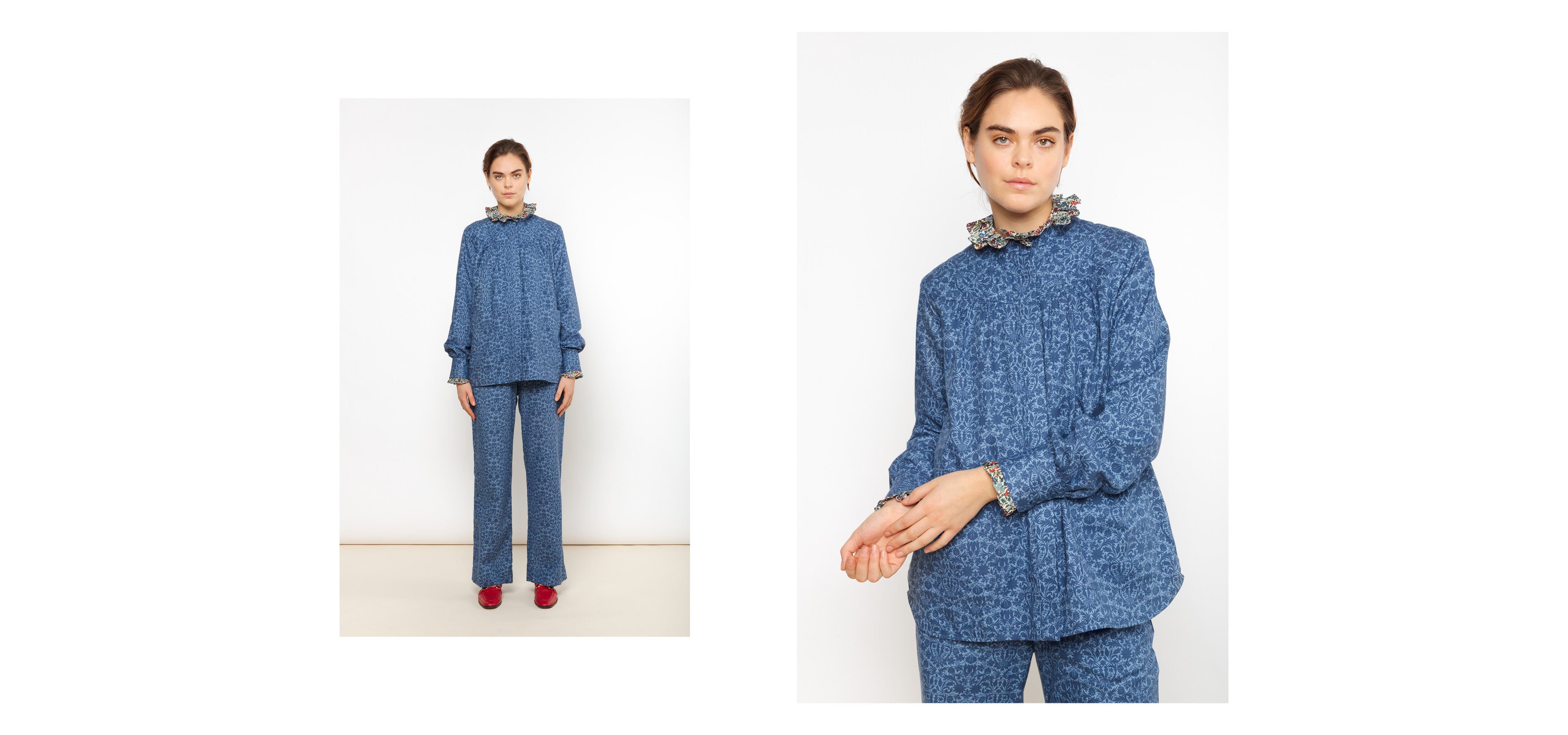 Woman in blue Liberty cotton pants and short with floral print pattern