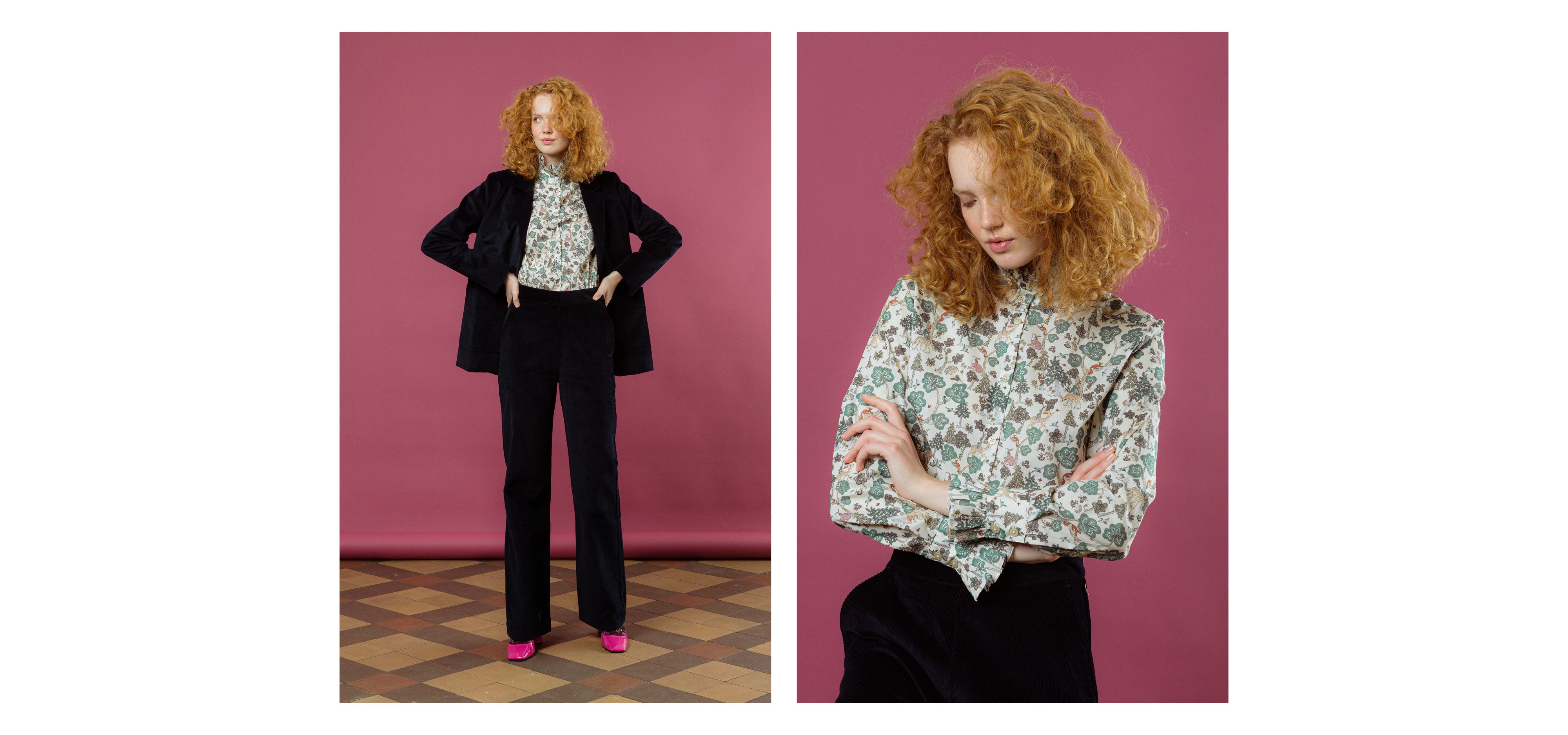 Woman in black pants and jacket and shirt with multi-colored floral print