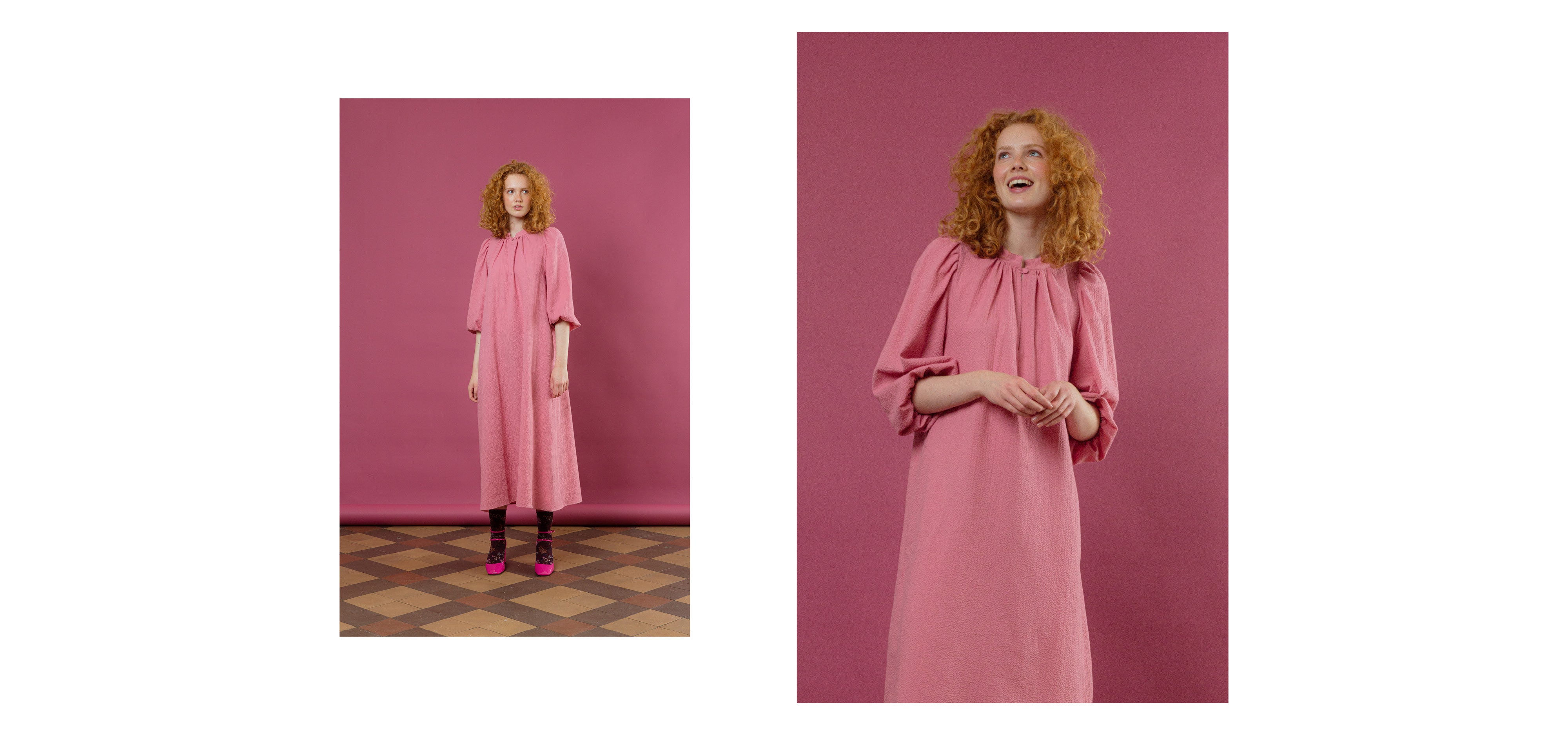 Woman in pink midi dress with long puffed sleeves
