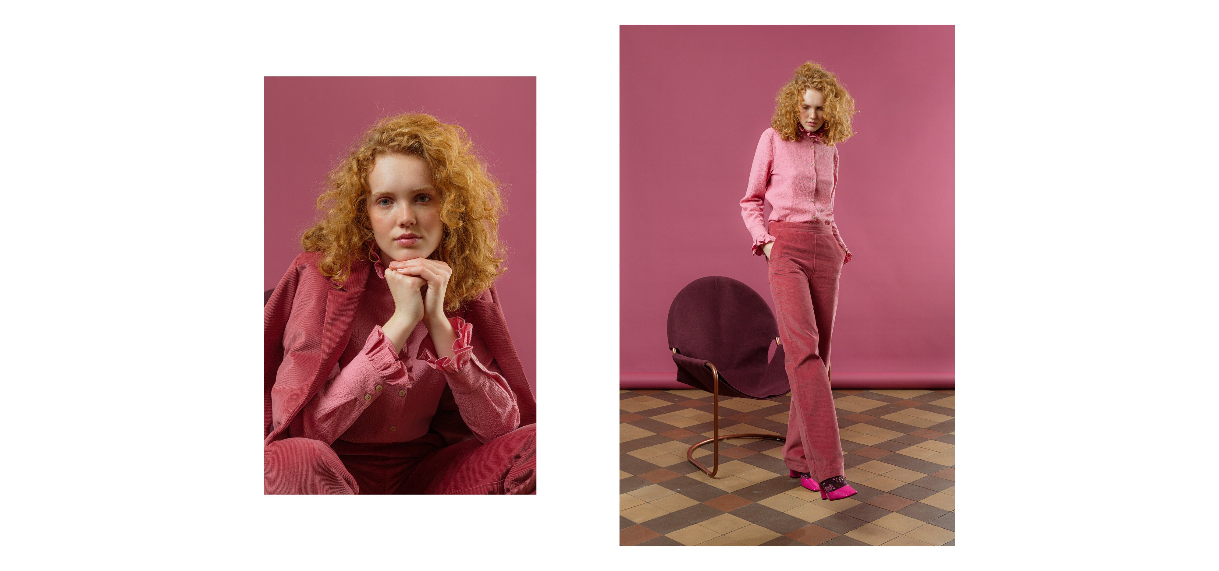 Woman in pink pants, jacket and pink long sleeved shirt with frilled cuffs and collar