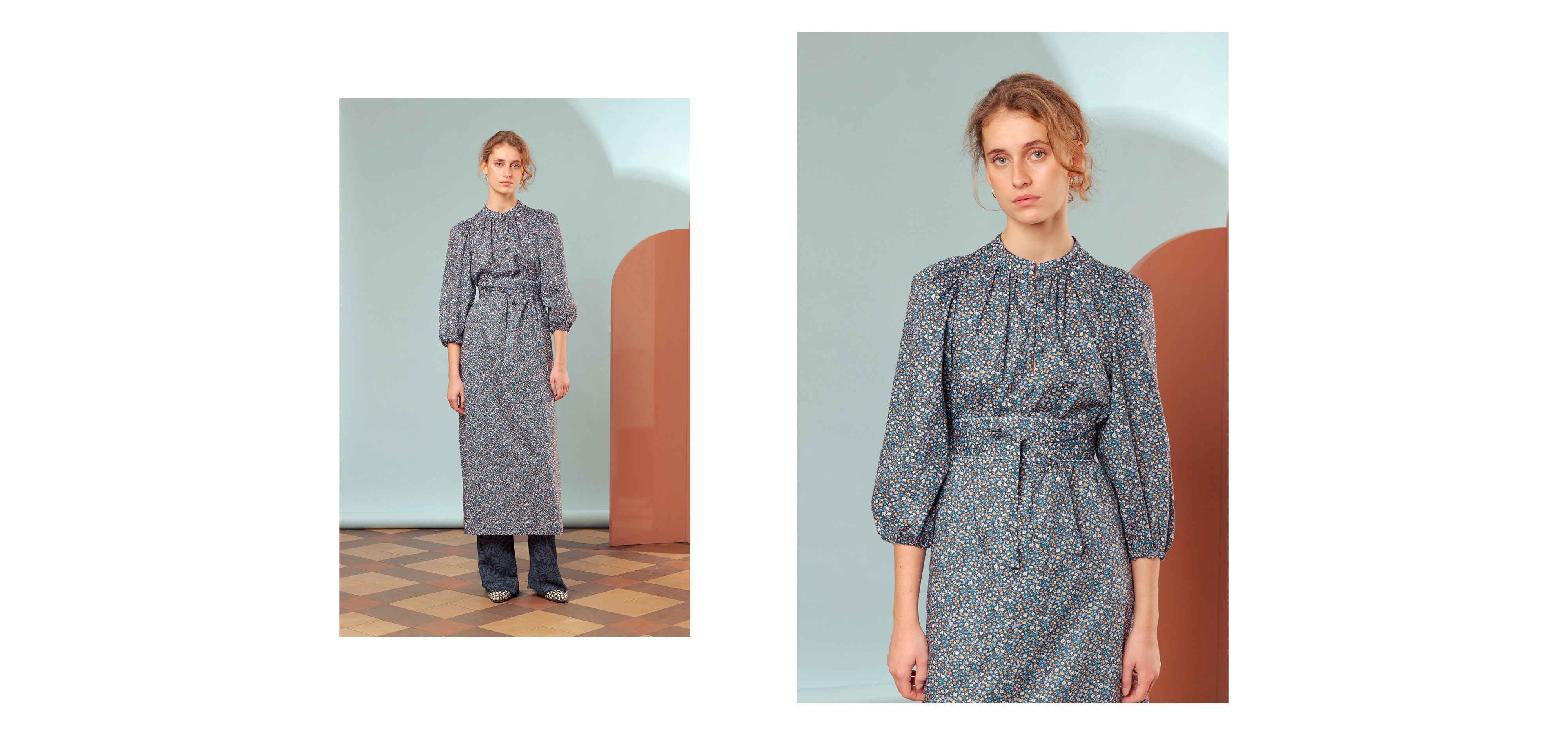 Woman in blue Liberty cotton midi dress with multi-colored floral print and belt