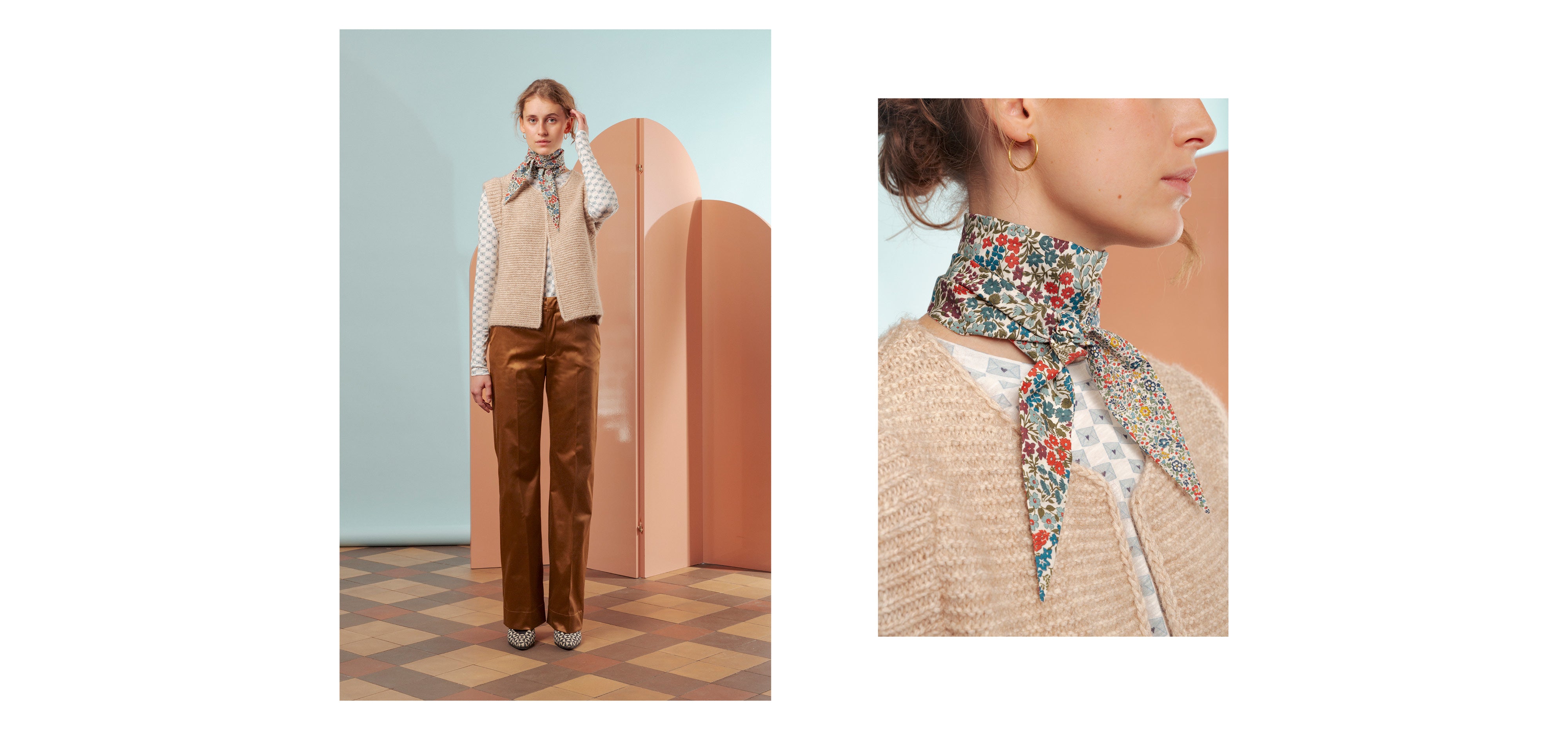 Woman in brown pants, long sleeve print cotton t-shirt, beige knitted vest and floral print bandana