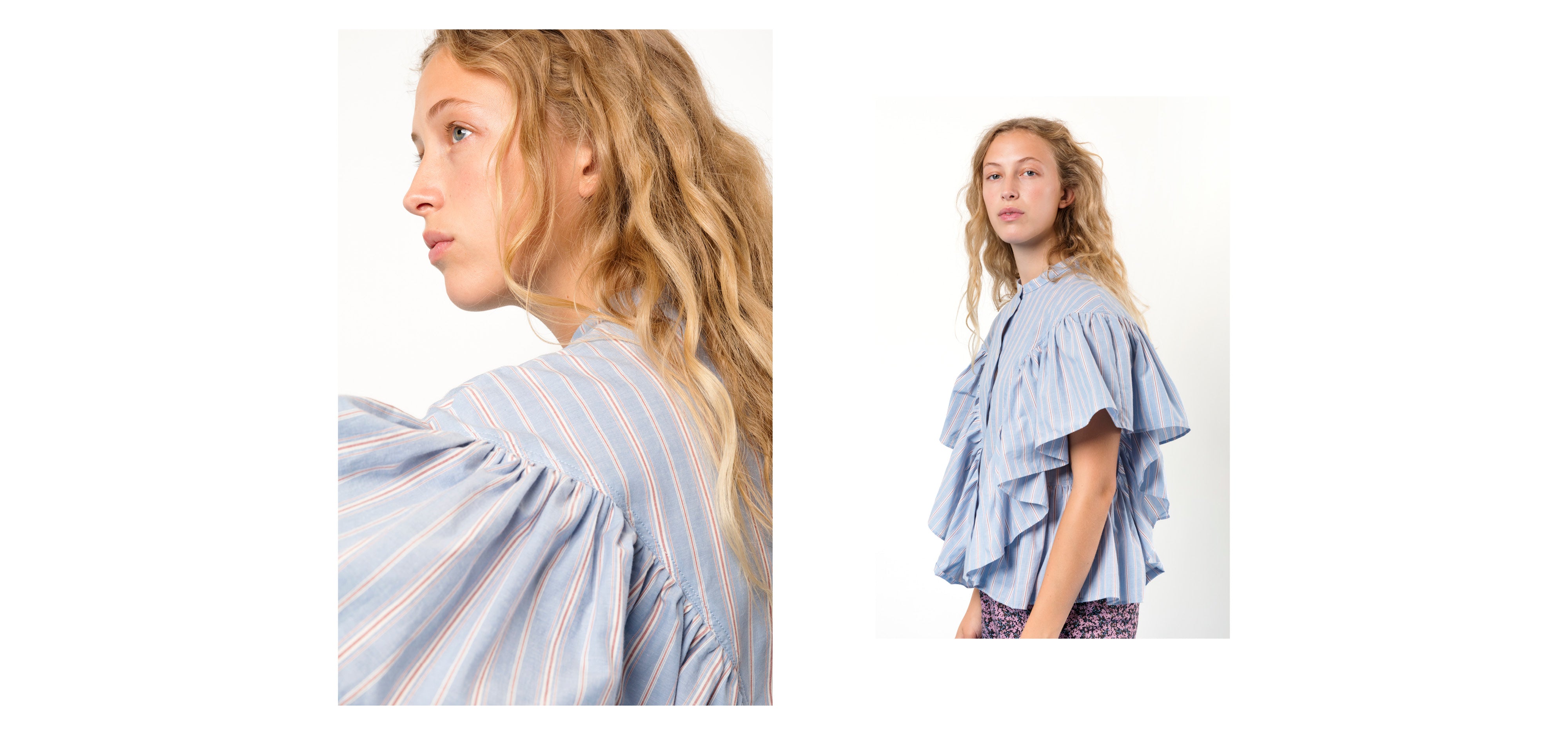 Woman in short sleeved blouse with blue white and red stripes