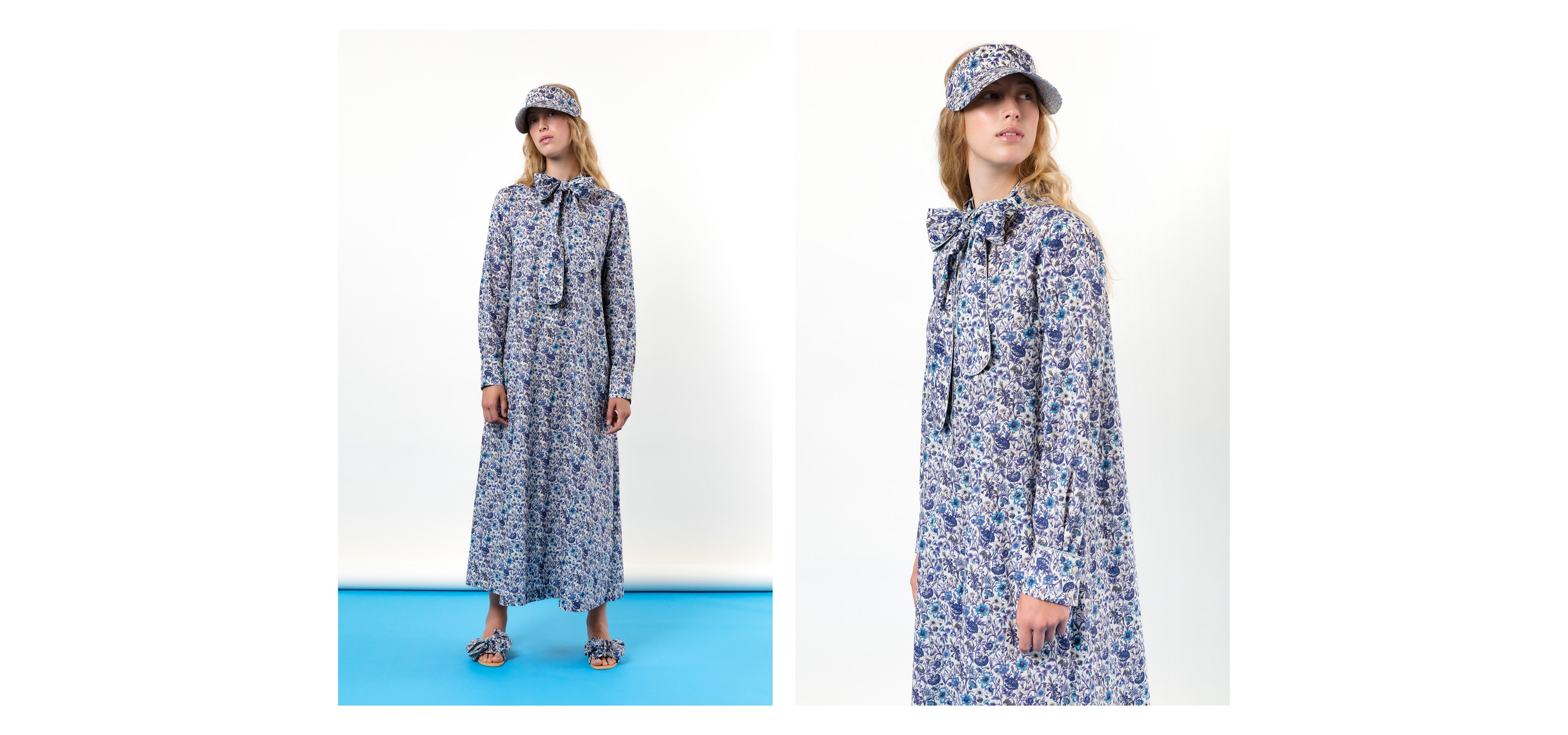 Woman in Liberty cotton dress with blue floral print and long sleeves and sun shade cap
