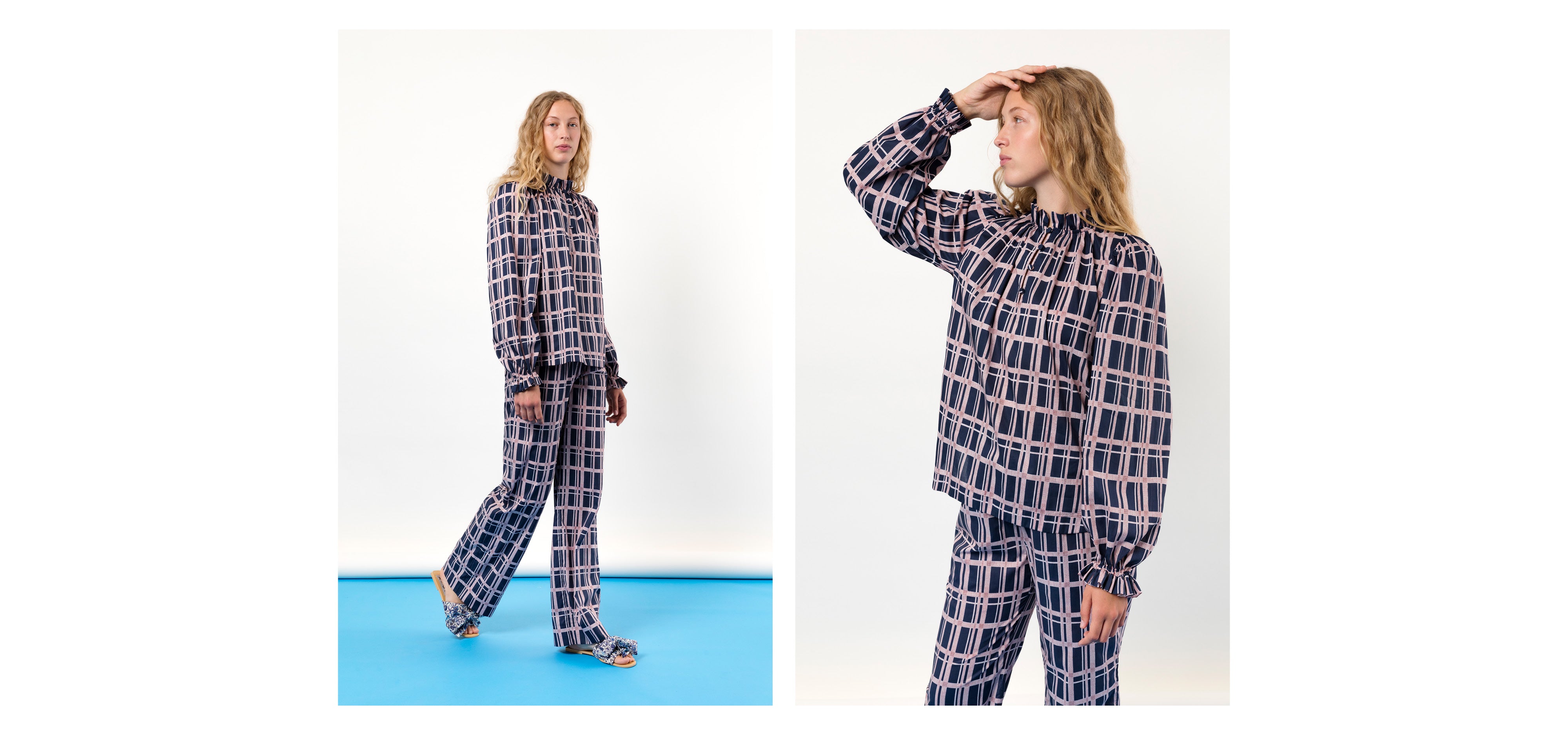 Blue pink and white checked trousers and long sleeved shirt with frilled cuffs