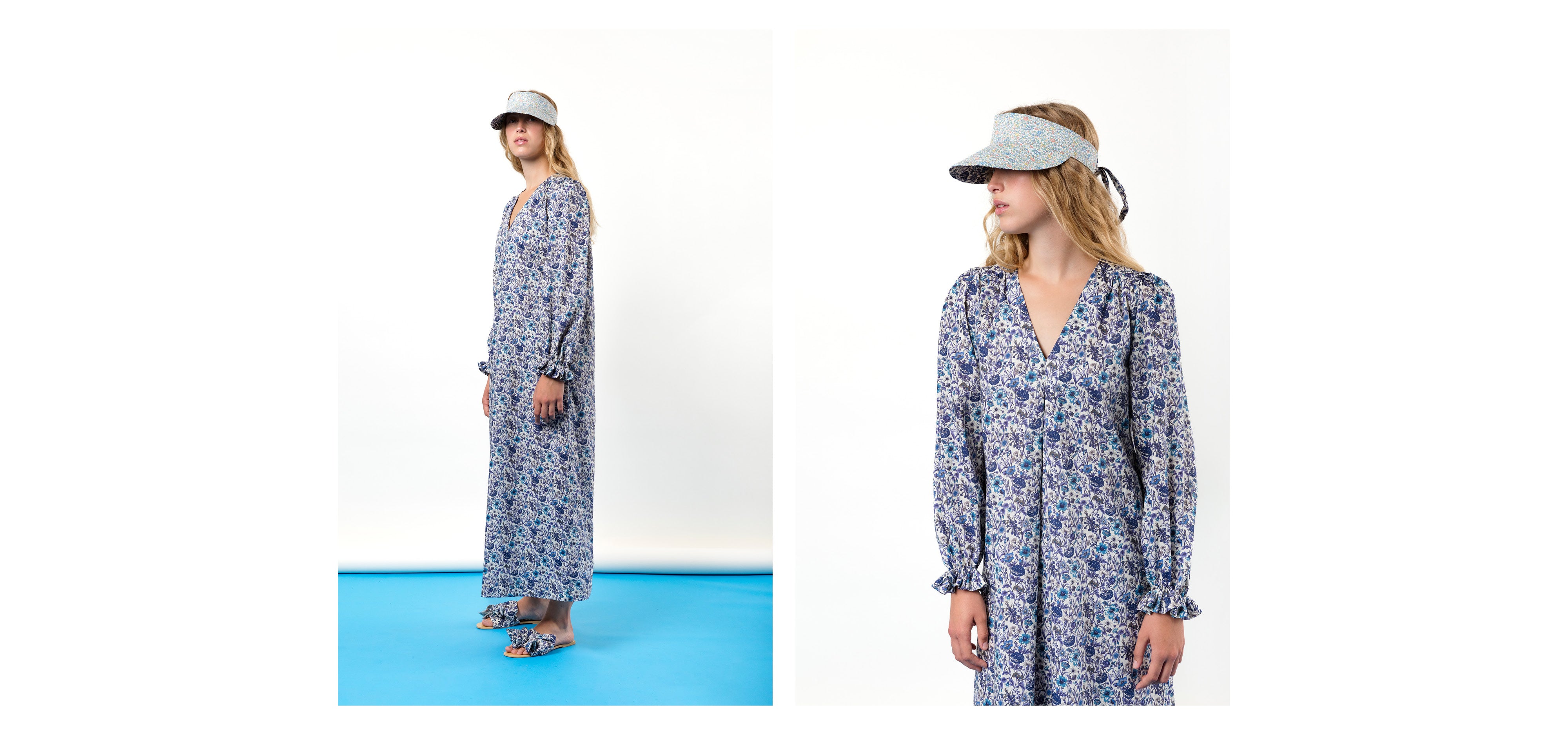Long blue Liberty cotton dress with floral print, long sleeves and v-neck