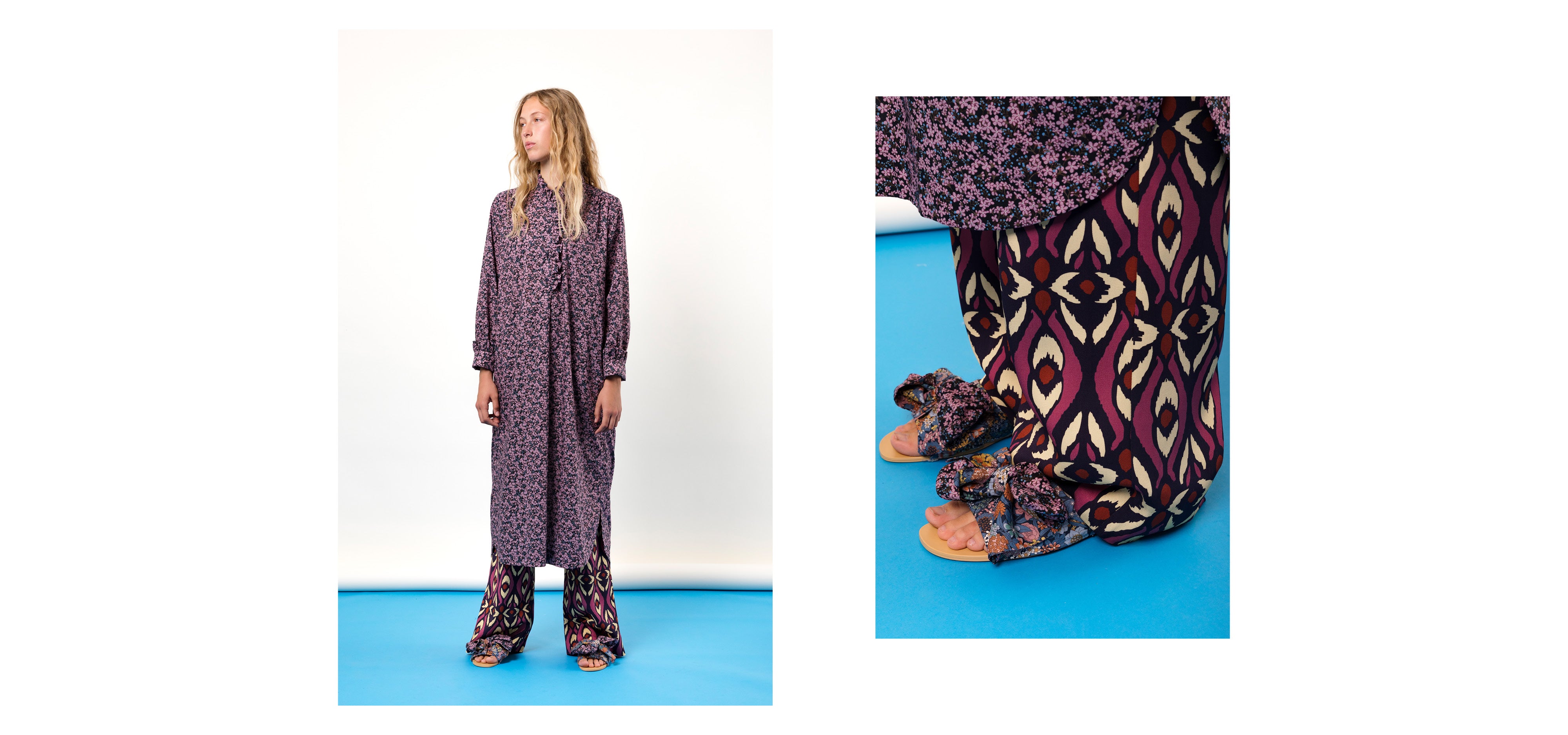 Woman in purple tunic dress with small floral print, multi-colored pants and sandals with floral patterned bows