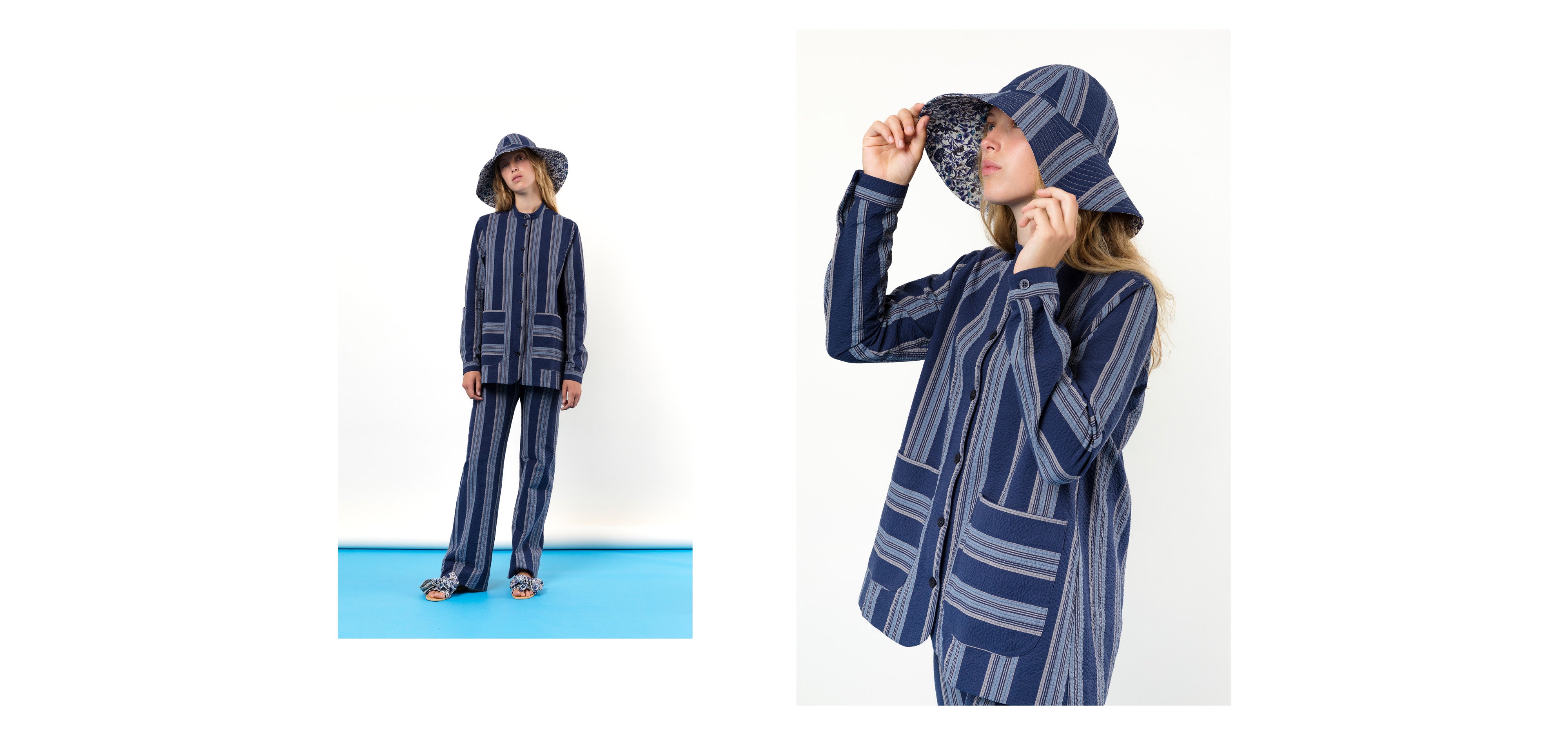 Woman in blue and white striped pants and jacket and sun hat
