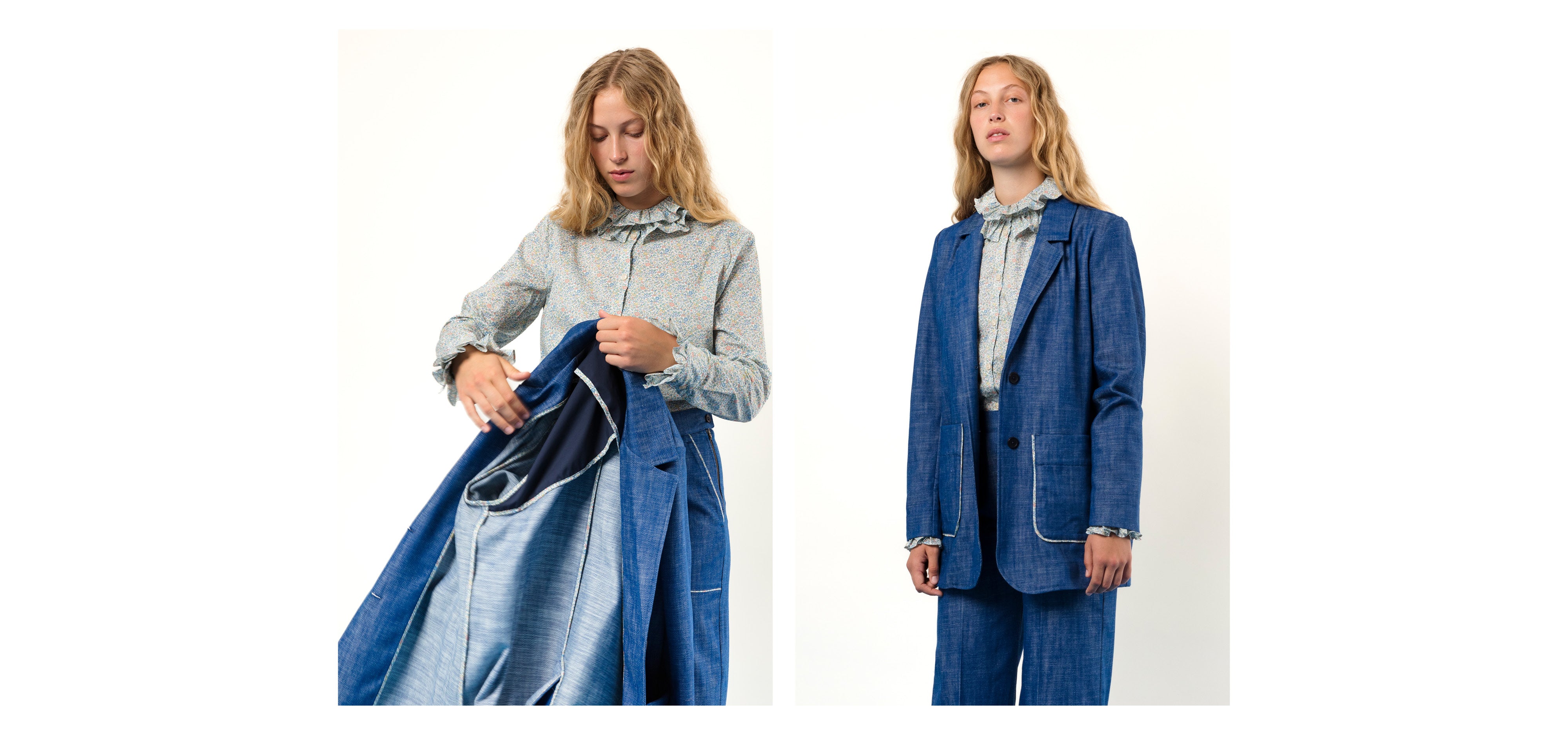 Woman in blue jeans pants and jacket and long sleeved green shirt with frilled cuffs and collar